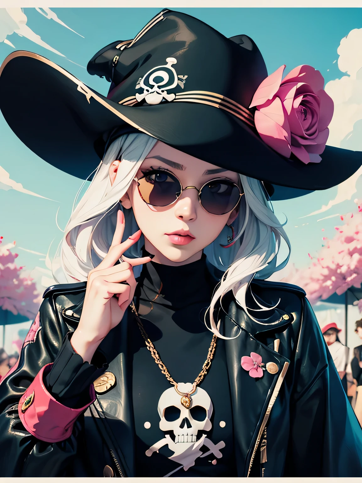 stylish design, cute lovely pirate skull, focus on the face, Stylish sunglasses, Fashionable hats, provocative, beautiful flower,surrealism, anime style, canon, highest quality, High resolution, advanced details