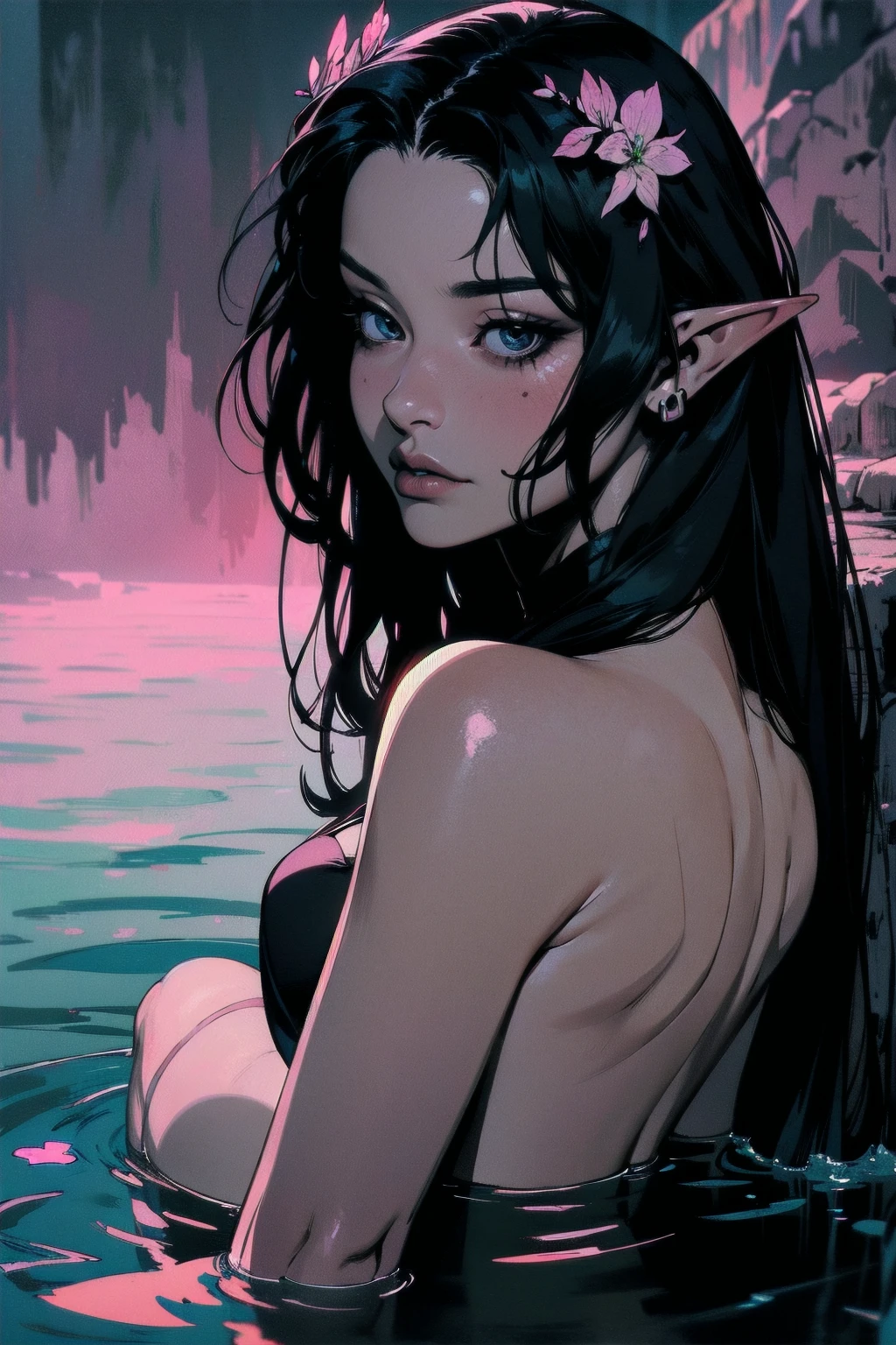 { - anatomy error}(Masterpiece - Ultra-detailed, very high resolution)hyper-realistic of a mysterious woman with flowing black hair, ears of elf, piercing opal eyes, and a delicate floral crown, delicate smile, whole body, sitting on the water, backwards, looking back, perfect eyes, perfect fingers