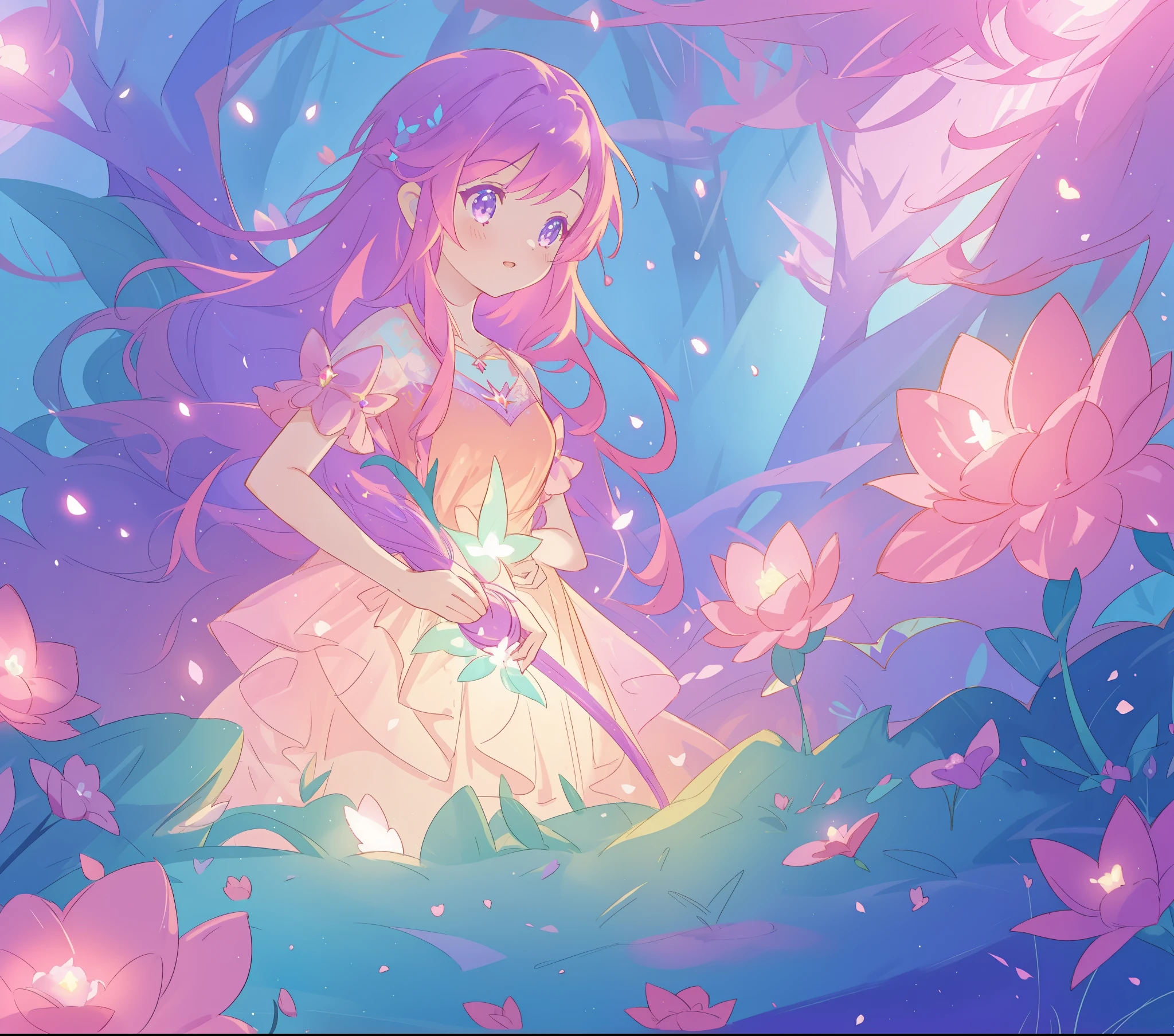 beautiful girl in glowing layered fantasy dress, fairy girl, sparkling glowing lights, long glowing purple pink hair, otherworldly flowers and colorful plants, inspired by Glen Keane, inspired by Lois van Baarle, fantasia otherworldly landscape, fantasia background, beautiful, masterpiece, best quality