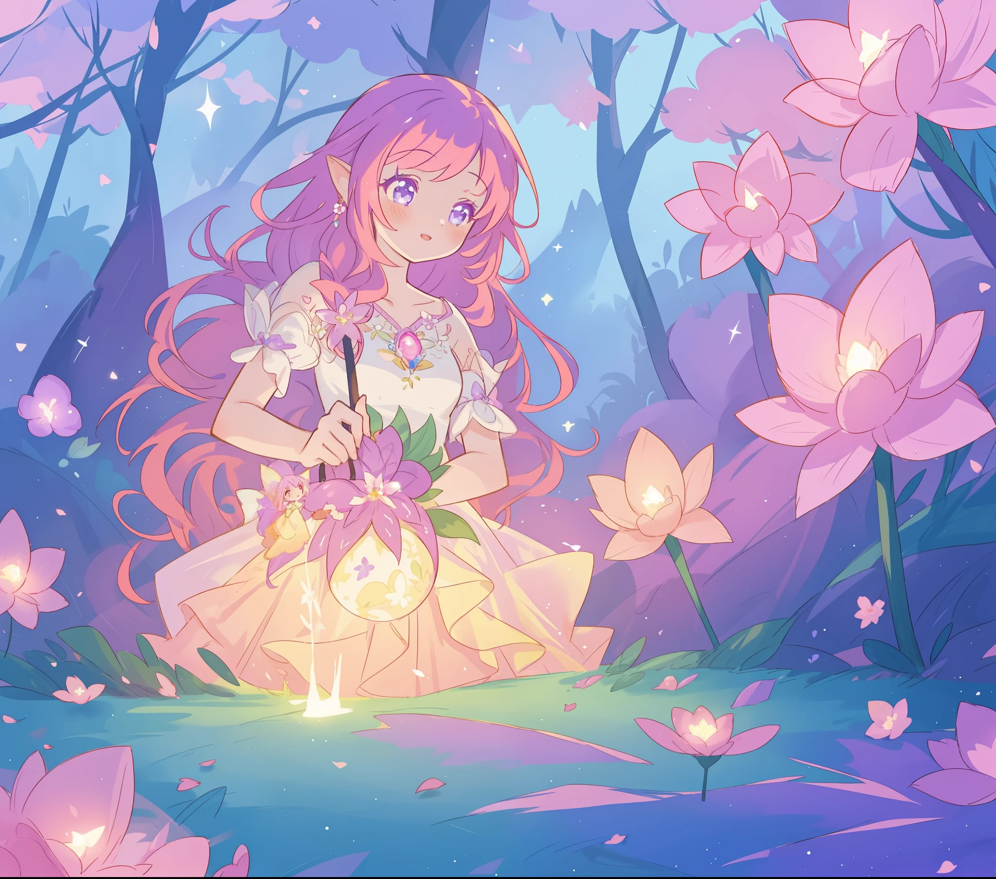 beautiful girl in glowing layered fantasy dress, fairy girl, sparkling glowing lights, long glowing purple pink hair, otherworldly flowers and colorful plants, inspired by Glen Keane, inspired by Lois van Baarle, fantasia otherworldly landscape, fantasia background, beautiful, masterpiece, best quality
