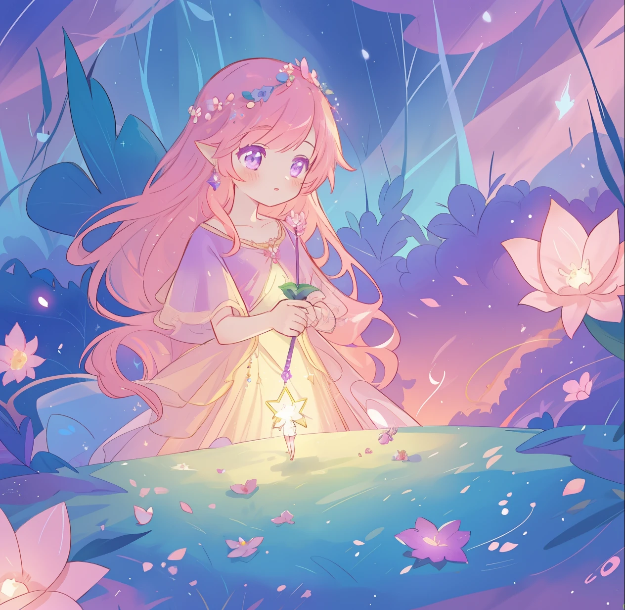 beautiful girl in glowing layered fantasy dress, fairy girl, sparkling glowing lights, long glowing purple pink hair, otherworldly flowers and colorful plants, inspired by Glen Keane, inspired by Lois van Baarle, fantasia otherworldly landscape, fantasia background, beautiful, masterpiece, best quality
