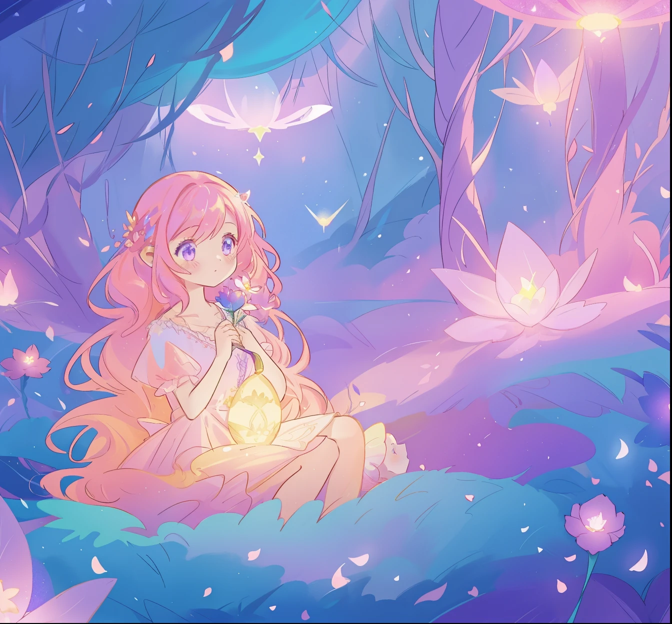 beautiful girl in glowing layered fantasy dress, fairy girl, sparkling glowing lights, long glowing purple pink hair, otherworldly flowers and colorful plants, inspired by Glen Keane, inspired by Lois van Baarle, fantasia otherworldly landscape, fantasia background, beautiful, masterpiece, best quality