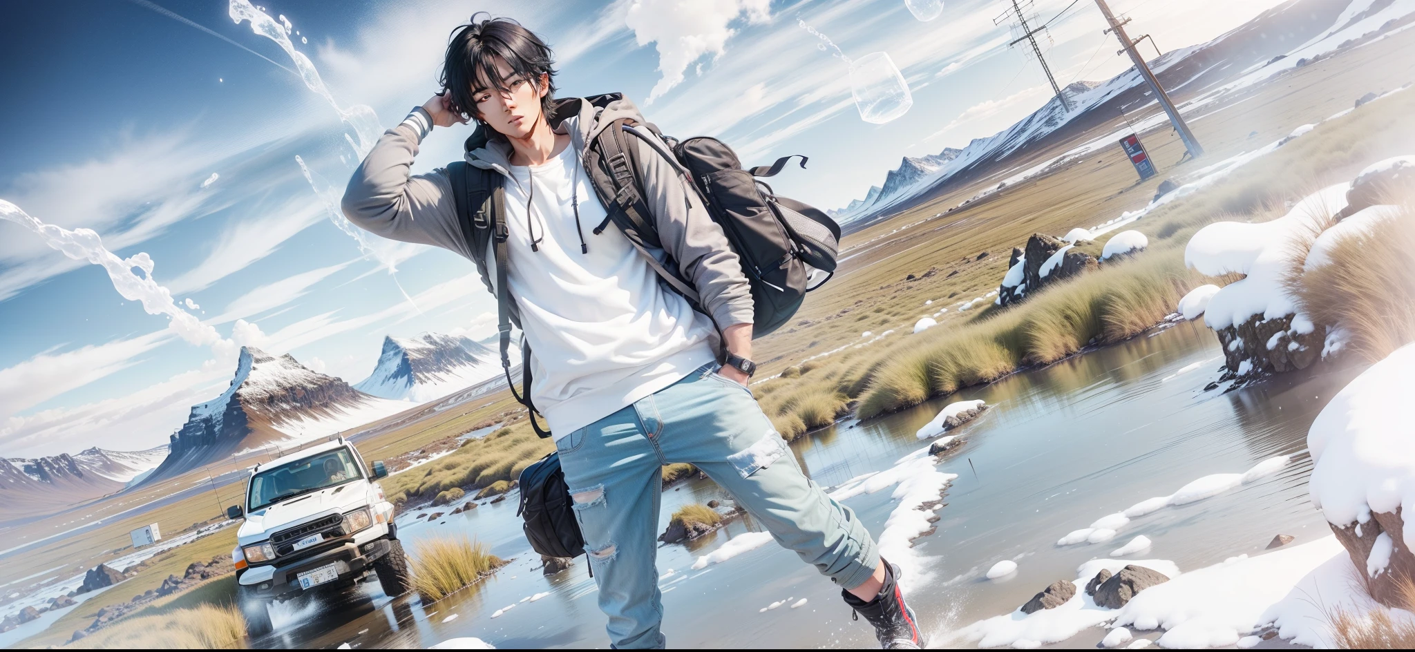 male、good looking、black hair、carrying a backpack、The scenery is amazing in Iceland、the way、colorful,  Jimny