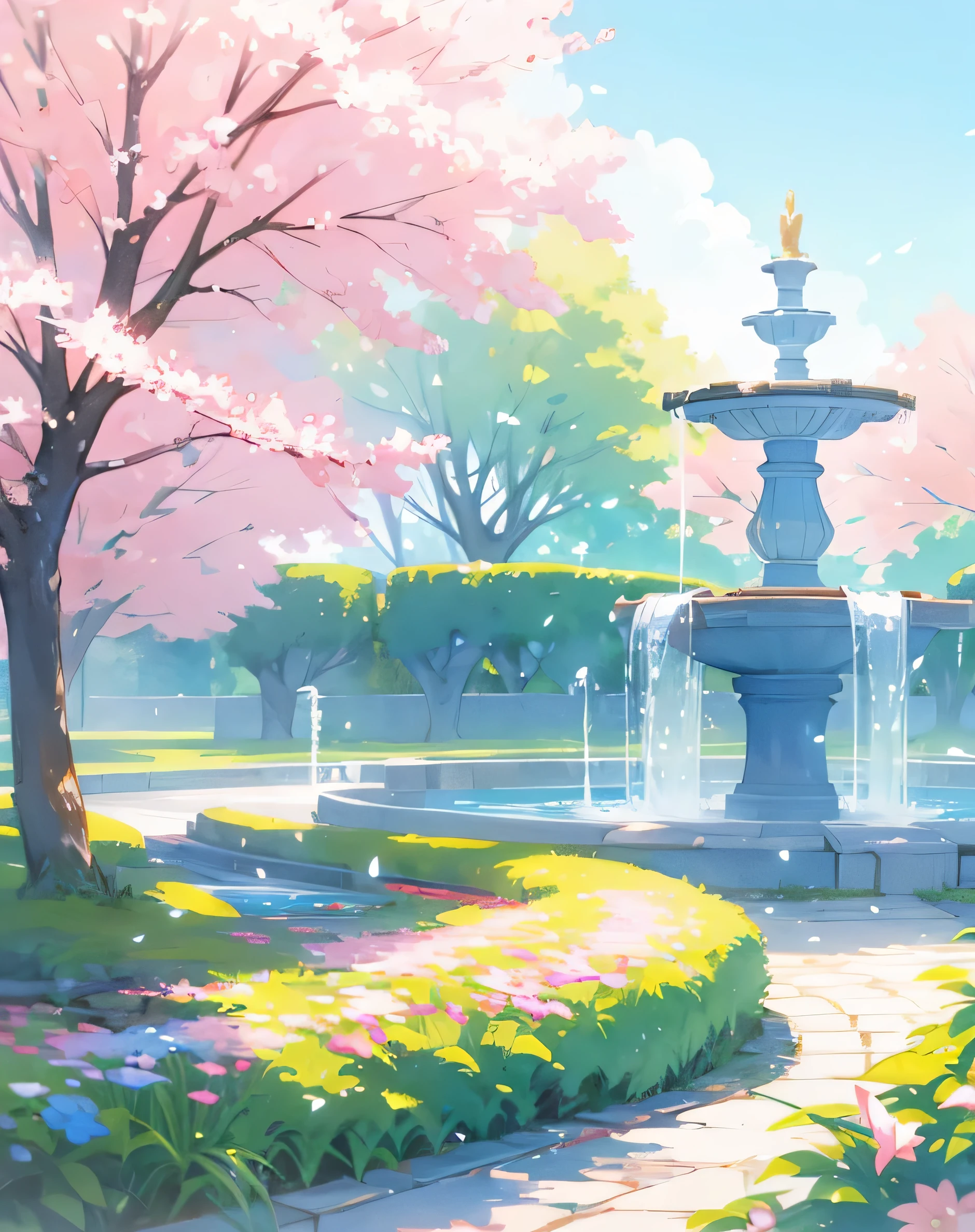 watercolor, Transparency, spring, Sunny, bright park, circular fountain, cobblestone, cherry blossoms,