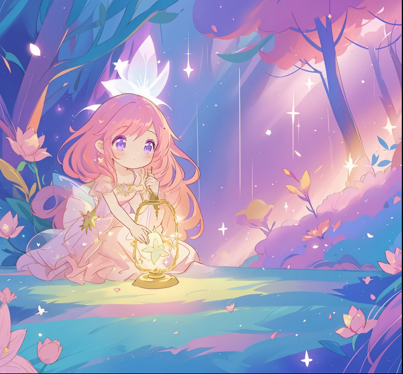 beautiful girl in glowing layered fantasy dress, fairy girl, sparkling glowing lights, long glowing purple pink hair, otherworldly flowers and colorful plants, inspired by Glen Keane, inspired by Lois van Baarle, fantasia otherworldly landscape, fantasia background, beautiful, masterpiece, best quality