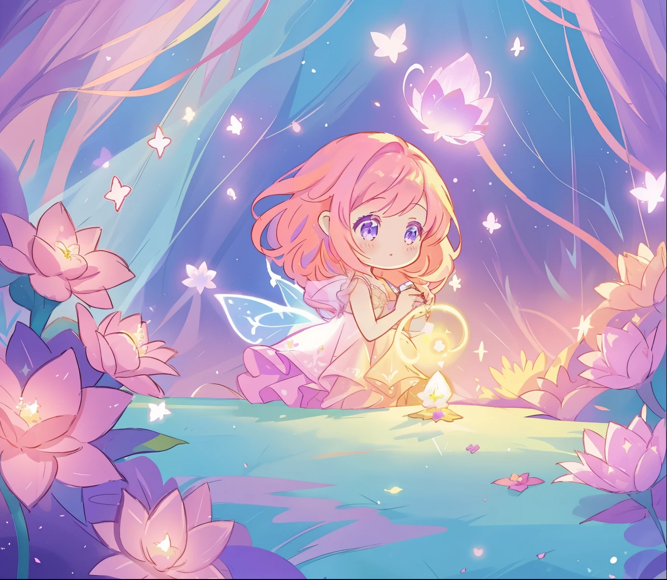 beautiful girl in glowing layered fantasy dress, fairy girl, sparkling glowing lights, long glowing purple pink hair, otherworldly flowers and colorful plants, inspired by Glen Keane, inspired by Lois van Baarle, fantasia otherworldly landscape, fantasia background, beautiful, masterpiece, best quality