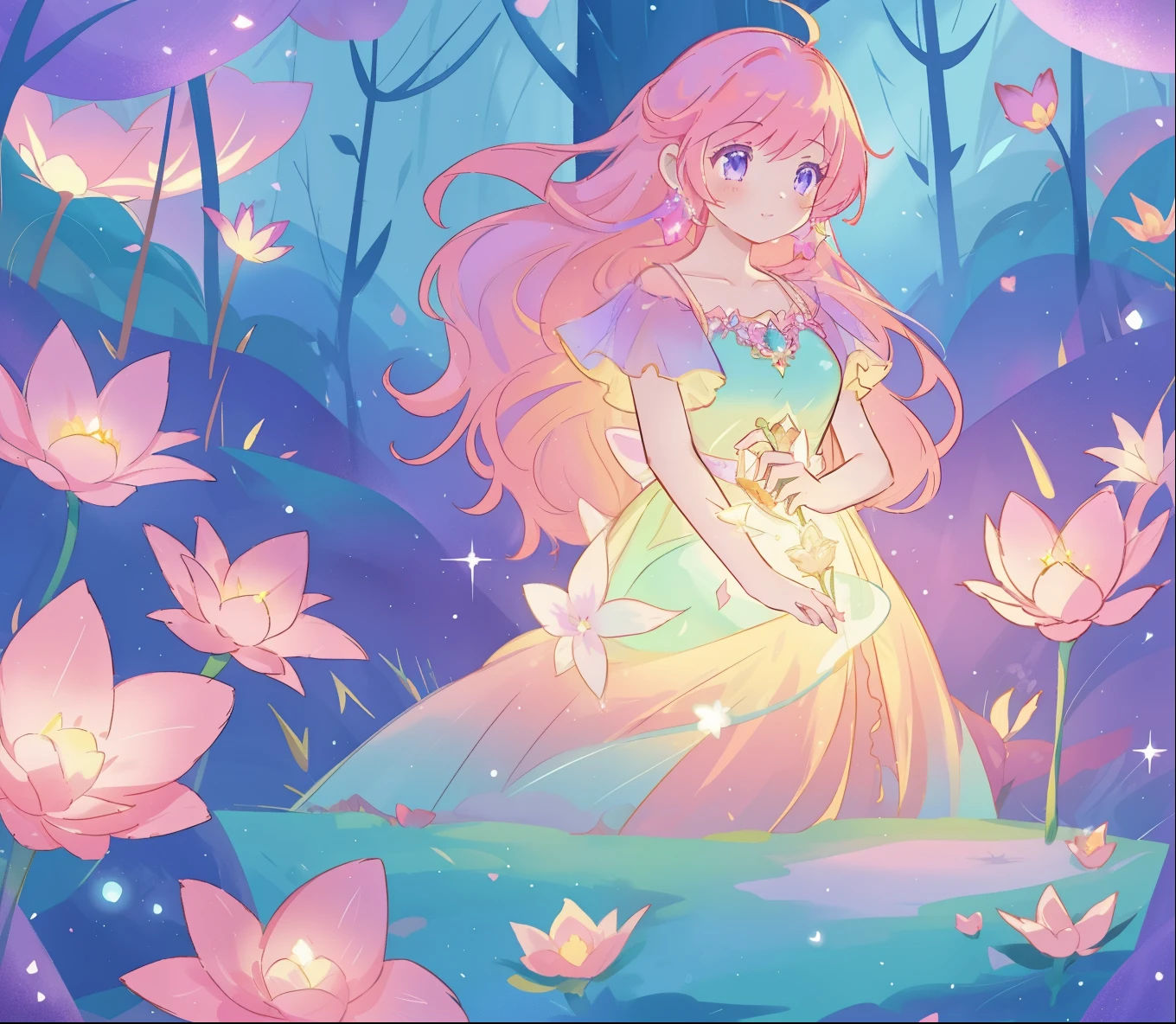 beautiful girl in glowing layered fantasy dress, fairy girl, sparkling glowing lights, long glowing purple pink hair, otherworldly flowers and colorful plants, inspired by Glen Keane, inspired by Lois van Baarle, fantasia otherworldly landscape, fantasia background, beautiful, masterpiece, best quality