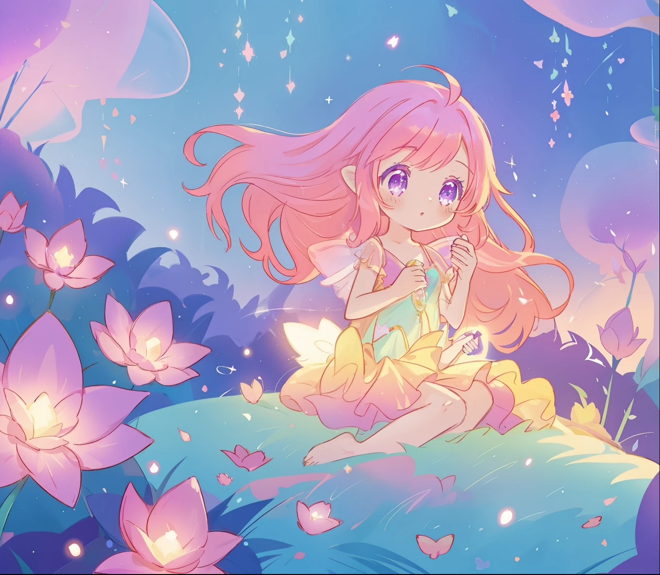 beautiful girl in glowing layered fantasy dress, fairy girl, sparkling glowing lights, long glowing purple pink hair, otherworldly flowers and colorful plants, inspired by Glen Keane, inspired by Lois van Baarle, fantasia otherworldly landscape, fantasia background, beautiful, masterpiece, best quality