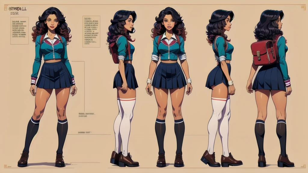 (character design sheet of female high school student) realistic, detailed, expressive eyes, natural-looking face and skin, beautiful lips, long, curly hair, medium build, fashionable clothing, confident and friendly expression, standing posture, light background, vibrant colors, professional concept art style, high resolution, studio lighting, fine details, school uniform, book bag and accessories, dynamic pose, youthful and energetic vibe.