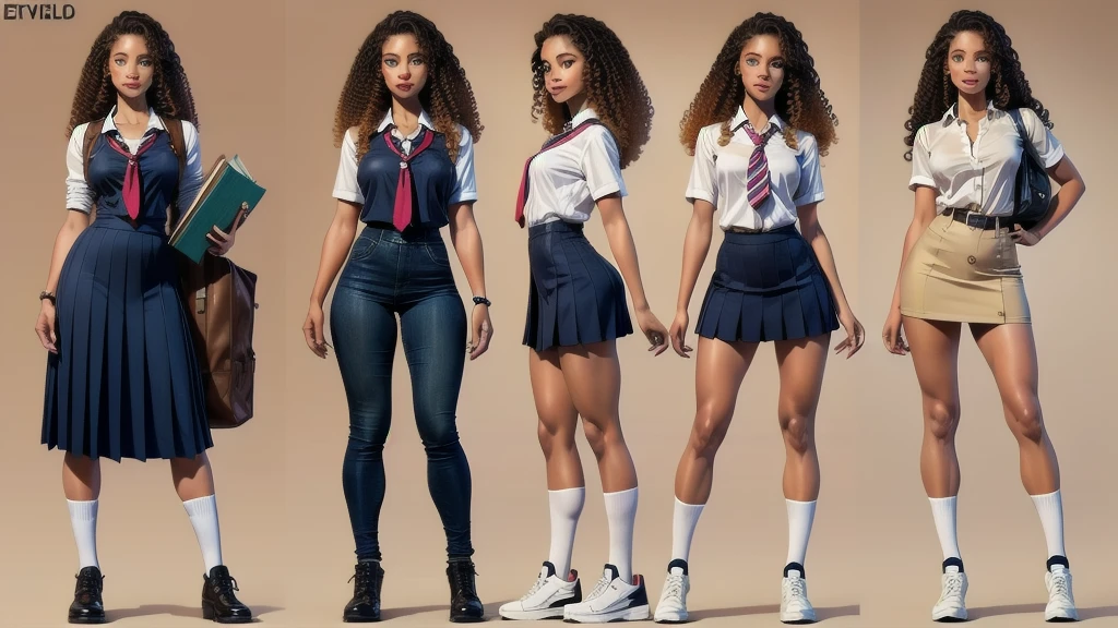 (character design sheet of female high school student) realistic, detailed, expressive eyes, natural-looking face and skin, beautiful lips, long, curly hair, medium build, fashionable clothing, confident and friendly expression, standing posture, light background, vibrant colors, professional concept art style, high resolution, studio lighting, fine details, school uniform, book bag and accessories, dynamic pose, youthful and energetic vibe.