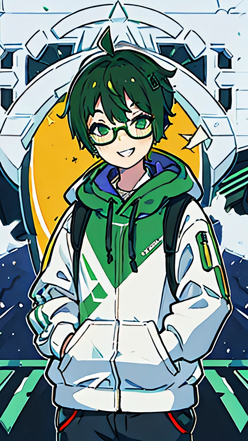 hoodie oversize、1 male、headphone、put one'Hand in hand'pocket of、Backpack、short cut hair、green hair、fine eyes、cyber punk、view audience、Grinning face、canine teeth、smile、Glasses