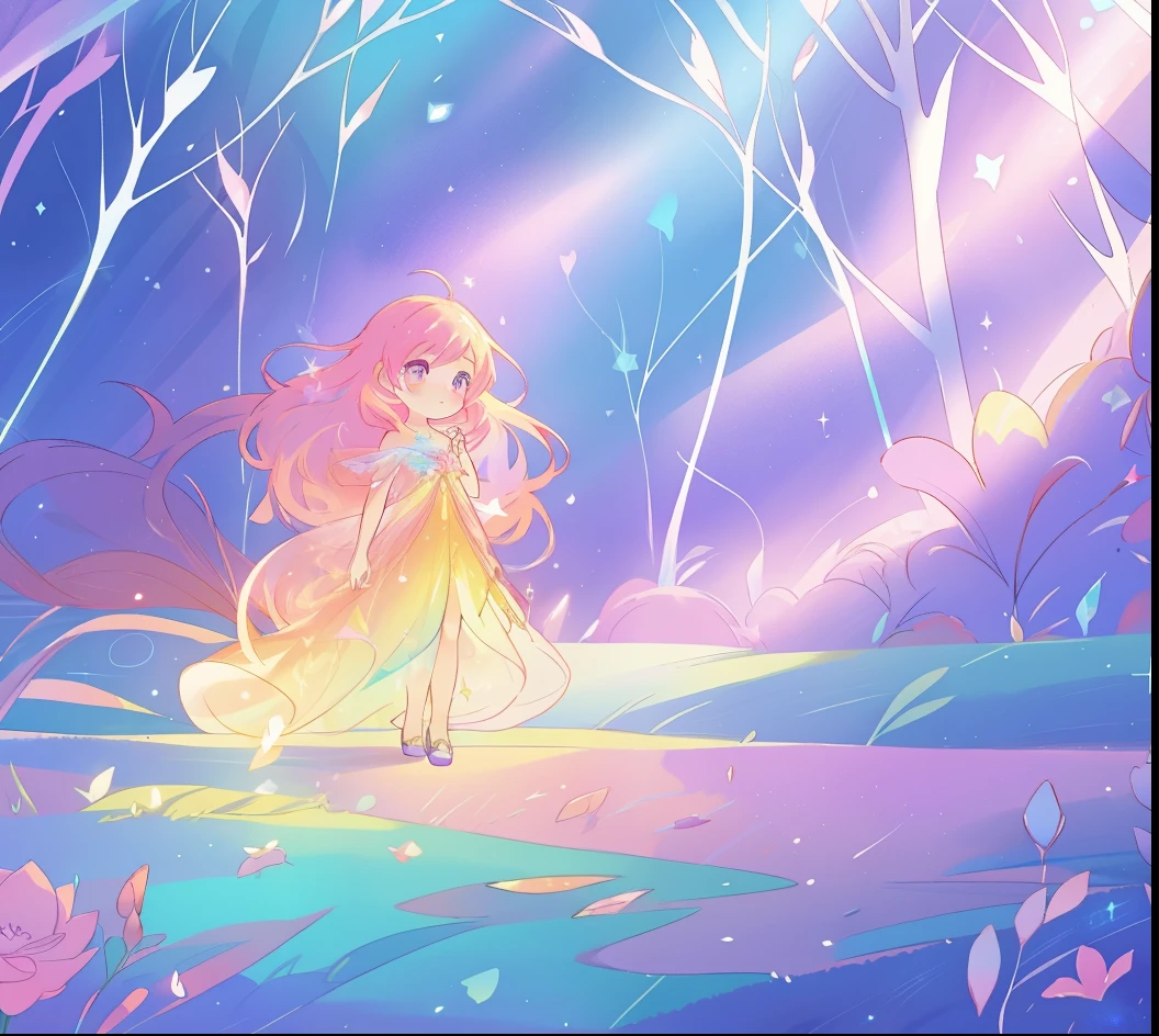 beautiful girl in glowing layered fantasy dress, fairy girl, sparkling glowing lights, long glowing purple pink hair, otherworldly flowers and colorful plants, inspired by Glen Keane, inspired by Lois van Baarle, fantasia otherworldly landscape, fantasia background, beautiful, masterpiece, best quality