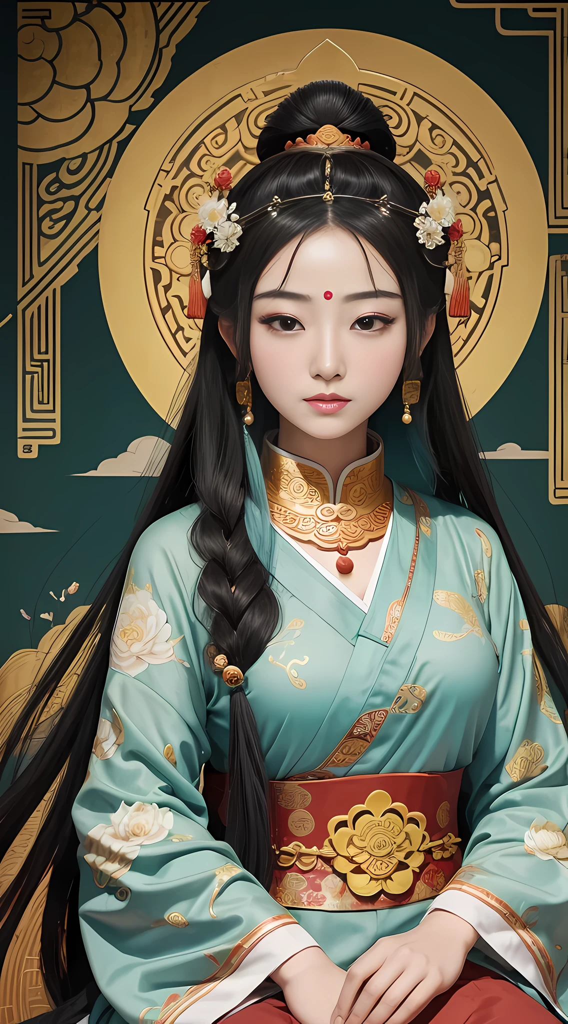 ancient chinese goddess, 南海のKannon, Kannon, inspired by india, Kannon菩薩は象に乗る，,calm expression,Shui Mohua,Buddha,Buddha教徒,lotus,chinese painting style,thangka style