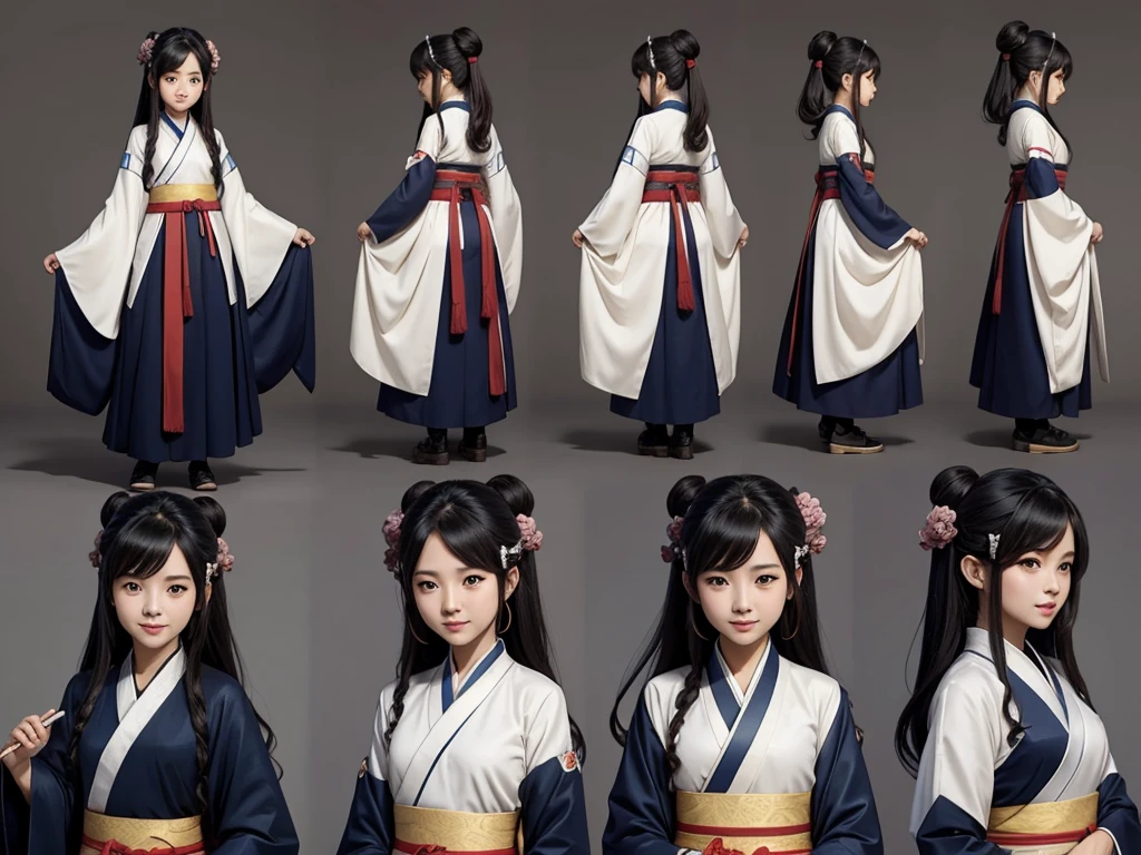 character design sheet, cute girl, hanfu
