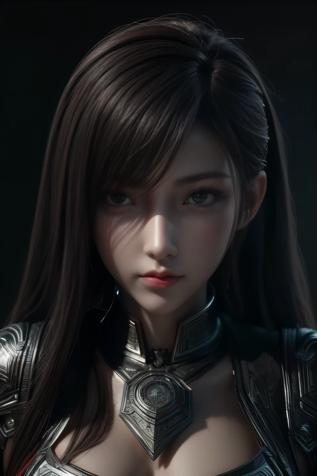 Masterpiece,Game art,The best picture quality,Highest resolution,8K,(Portrait),Unreal Engine 5 rendering works,(Digital Photography),((Portrait Feature:1.5)),
20 year old girl,Short hair details,With long bangs,(The red eye makeup is very meticulous),(With long gray hair:1.4),(Large, full breasts),Elegant and noble,Brave and charming,
(Future armor combined with the characteristics of ancient Chinese armor,Hollow design,Power Armor,The mysterious Eastern runes,A delicate dress pattern,A flash of magic,White),Warrior of the future,Cyberpunk figures,Background of war,
Movie lights，Ray tracing，Game CG，((3D Unreal Engine))，OC rendering reflection pattern