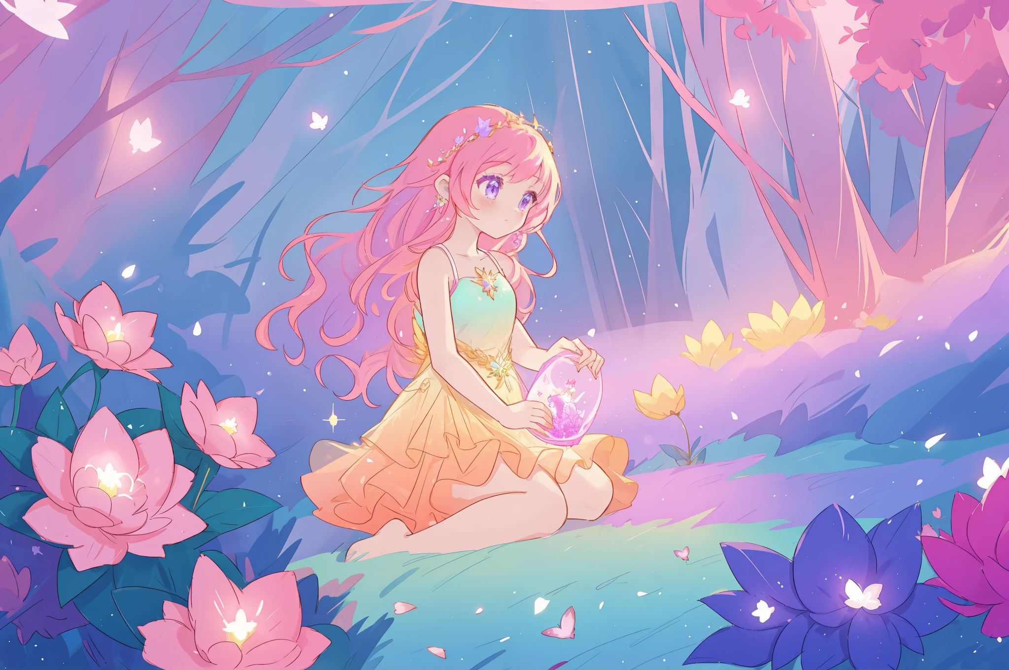 beautiful girl in glowing layered fantasy dress, fairy girl, sparkling glowing lights, long glowing purple pink hair, otherworldly flowers and colorful plants, inspired by Glen Keane, inspired by Lois van Baarle, fantasia otherworldly landscape, fantasia background, beautiful, masterpiece, best quality