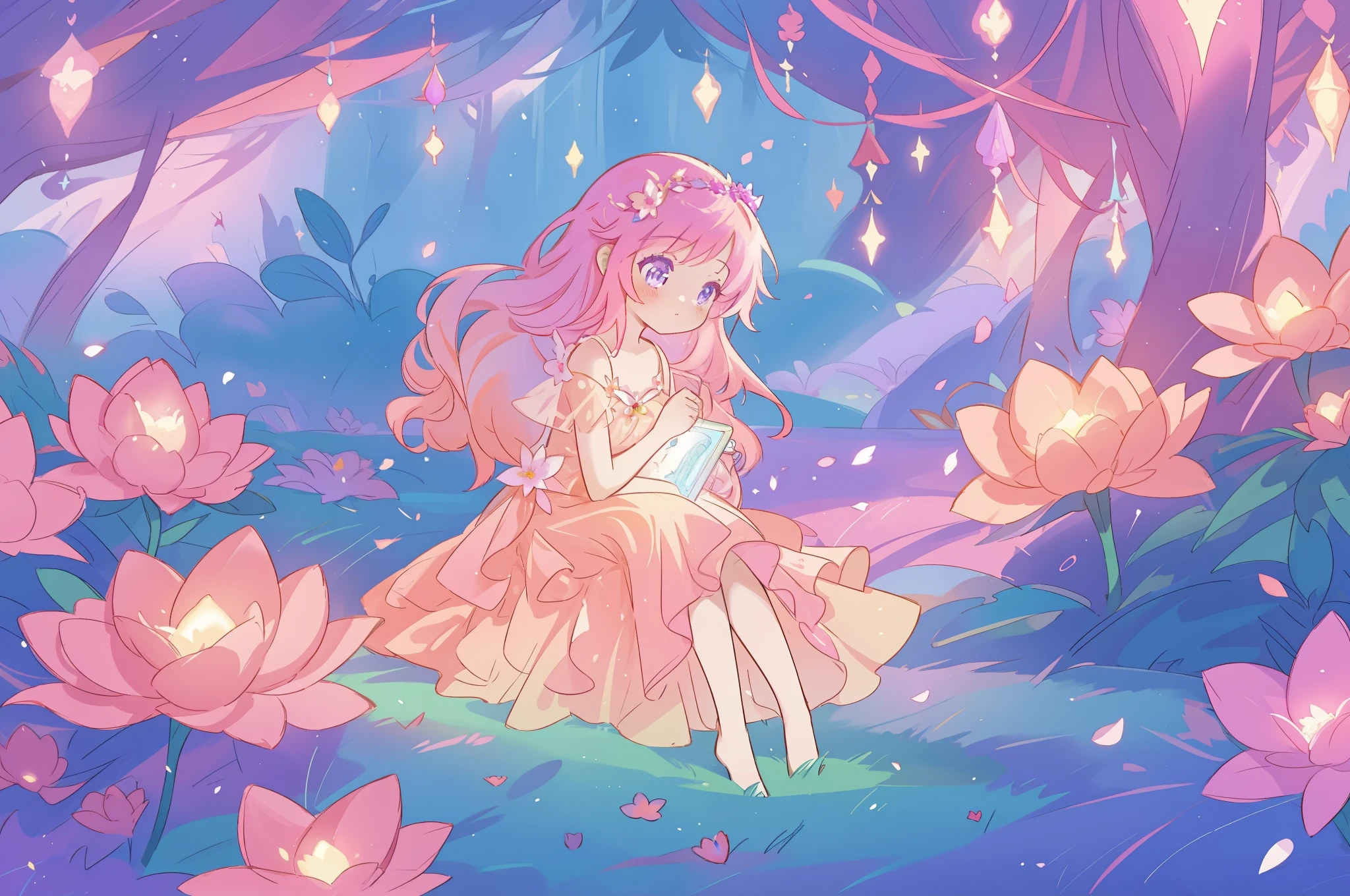 beautiful girl in glowing layered fantasy dress, fairy girl, sparkling glowing lights, long glowing purple pink hair, otherworldly flowers and colorful plants, inspired by Glen Keane, inspired by Lois van Baarle, fantasia otherworldly landscape, fantasia background, beautiful, masterpiece, best quality