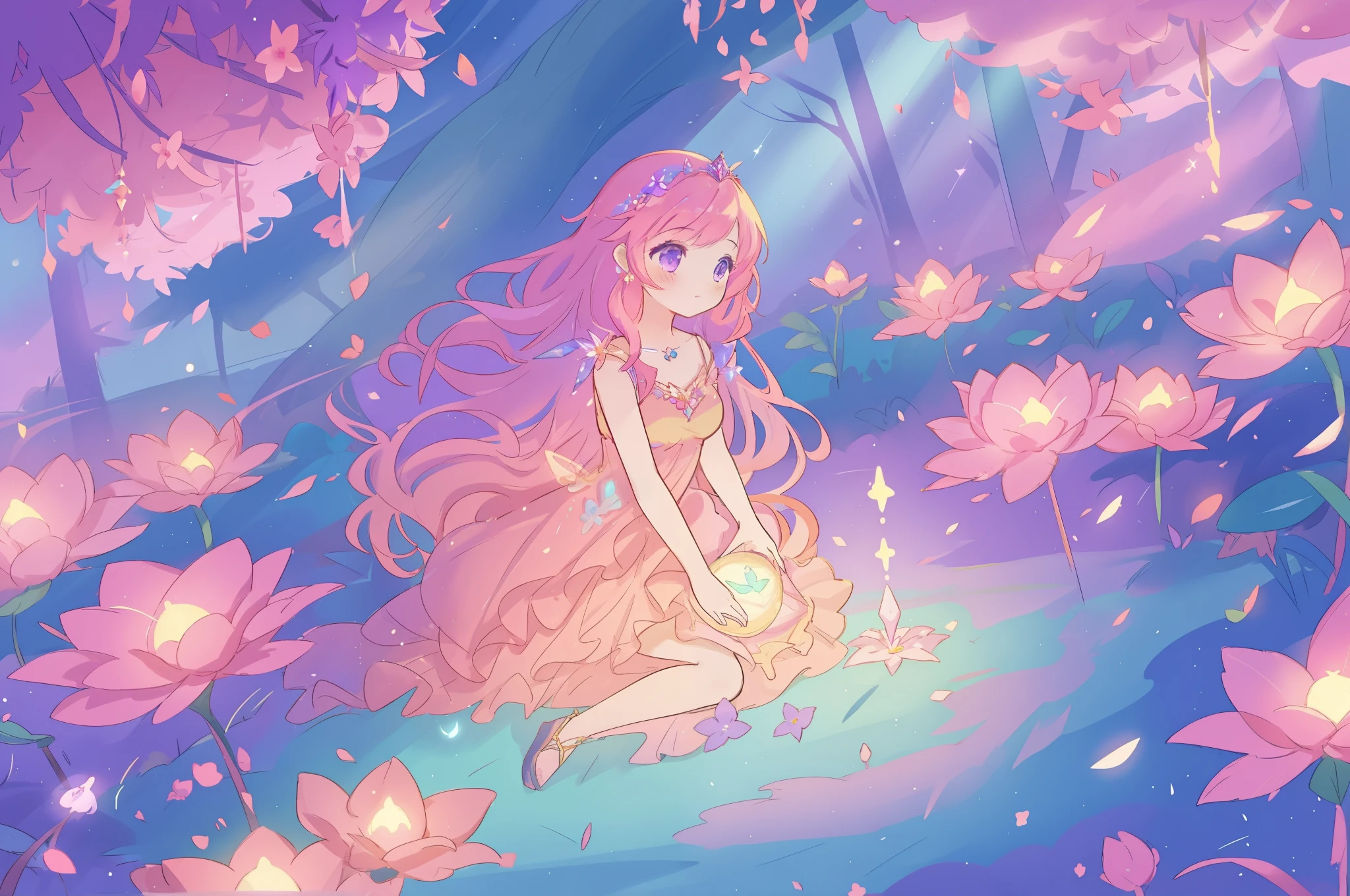beautiful girl in glowing layered fantasy dress, fairy girl, sparkling glowing lights, long glowing purple pink hair, otherworldly flowers and colorful plants, inspired by Glen Keane, inspired by Lois van Baarle, fantasia otherworldly landscape, fantasia background, beautiful, masterpiece, best quality
