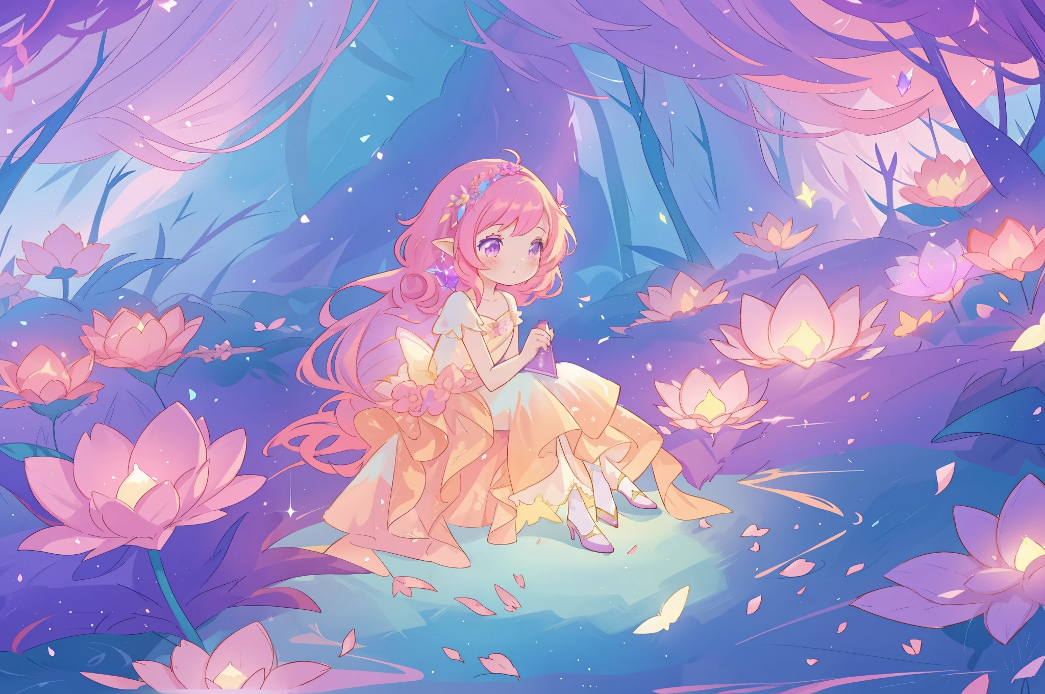 beautiful girl in glowing layered fantasy dress, fairy girl, sparkling glowing lights, long glowing purple pink hair, otherworldly flowers and colorful plants, inspired by Glen Keane, inspired by Lois van Baarle, fantasia otherworldly landscape, fantasia background, beautiful, masterpiece, best quality
