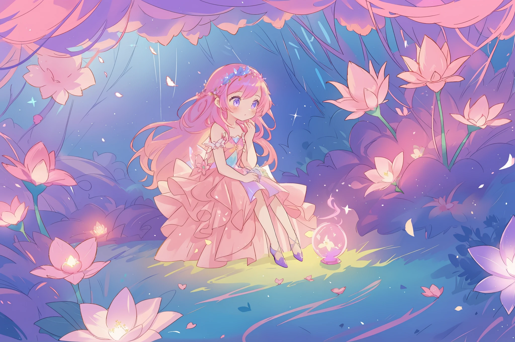 beautiful girl in glowing layered fantasy dress, fairy girl, sparkling glowing lights, long glowing purple pink hair, otherworldly flowers and colorful plants, inspired by Glen Keane, inspired by Lois van Baarle, fantasia otherworldly landscape, fantasia background, beautiful, masterpiece, best quality