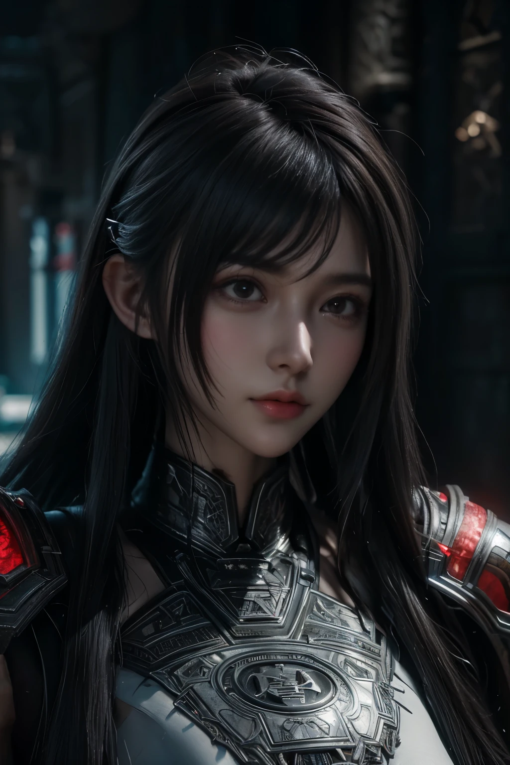 Masterpiece,Game art,The best picture quality,Highest resolution,8K,(Portrait),Unreal Engine 5 rendering works,(Digital Photography),((Portrait Feature:1.5)),
20 year old girl,Short hair details,With long bangs,(The red eye makeup is very meticulous),(With long gray hair:1.4),(Large, full breasts),Elegant and noble,Brave and charming,
(Future armor combined with the characteristics of ancient Chinese armor,Hollow design,Power Armor,The mysterious Eastern runes,A delicate dress pattern,A flash of magic,White),Warrior of the future,Cyberpunk figures,Background of war,
Movie lights，Ray tracing，Game CG，((3D Unreal Engine))，OC rendering reflection pattern