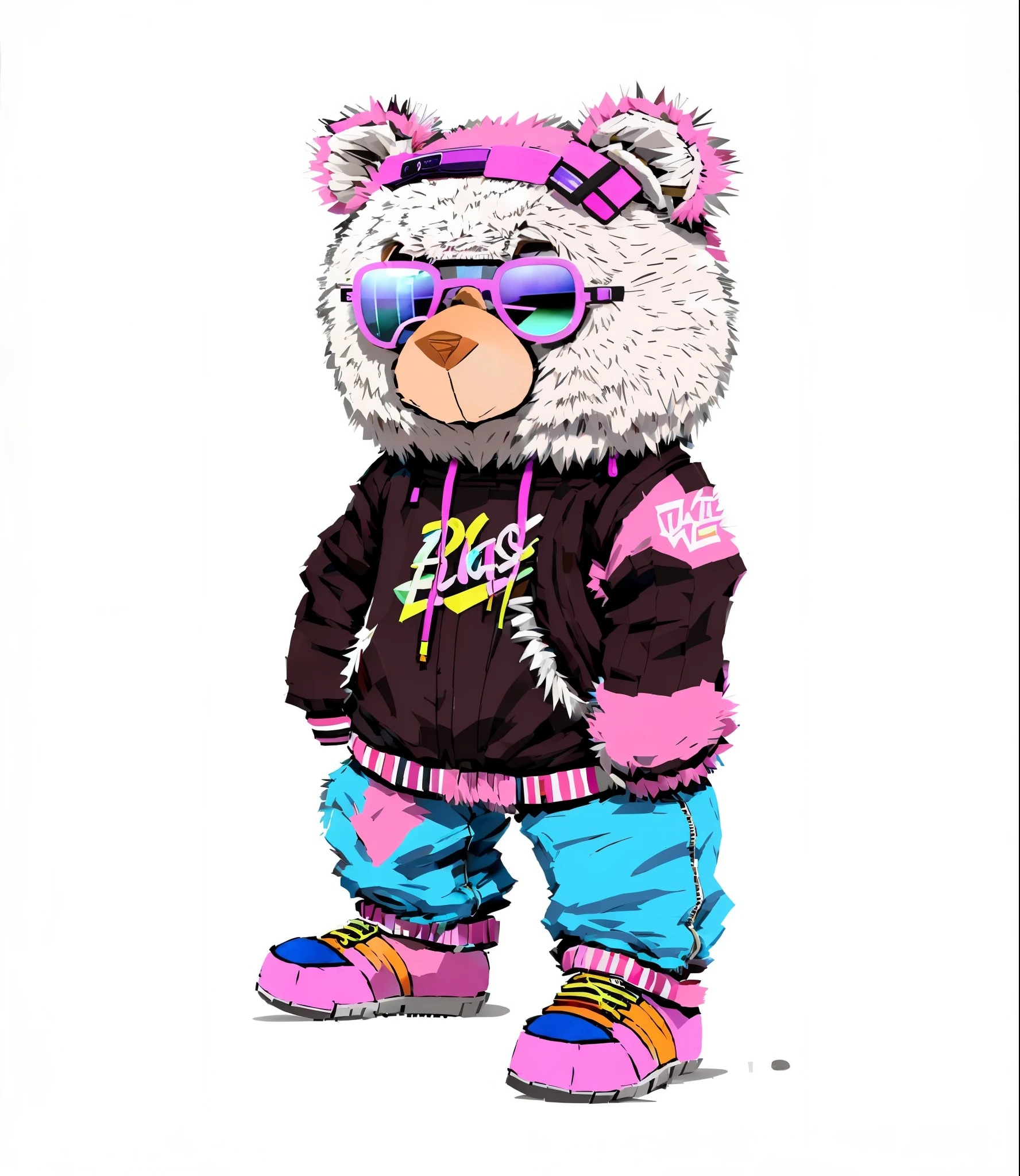 Alafi wears pink and black jacket，wearing sunglasses, teddy fresh, Beast in fashionable clothes, ( Bear wearing sunglasses, Candy Punk Character Design, streetwear, she is wearing street clothes, Looks cool and stylish, bad bunny, cartoon art style, pink iconic character, biscuit, Lovely and detailed digital art, cartoon art style, full body commission