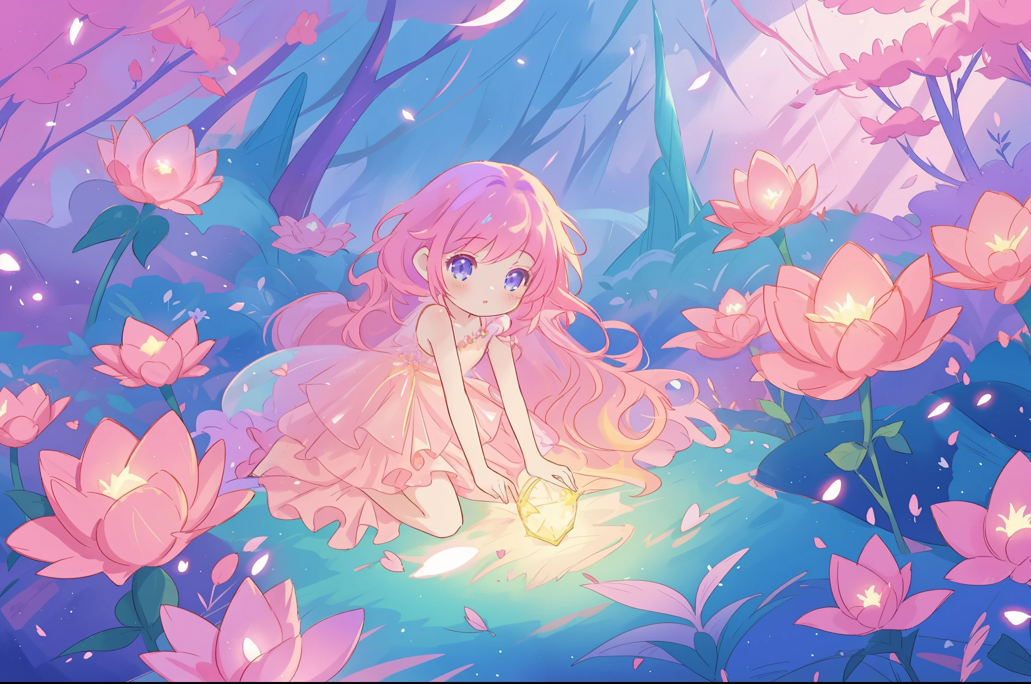 beautiful girl in glowing layered fantasy dress, fairy girl, sparkling glowing lights, long glowing purple pink hair, otherworldly flowers and colorful plants, inspired by Glen Keane, inspired by Lois van Baarle, fantasia otherworldly landscape, fantasia background, beautiful, masterpiece, best quality