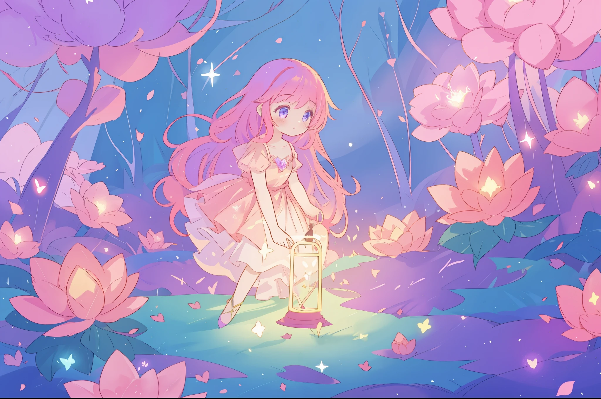 beautiful girl in glowing layered fantasy dress, fairy girl, sparkling glowing lights, long glowing purple pink hair, otherworldly flowers and colorful plants, inspired by Glen Keane, inspired by Lois van Baarle, fantasia otherworldly landscape, fantasia background, beautiful, masterpiece, best quality