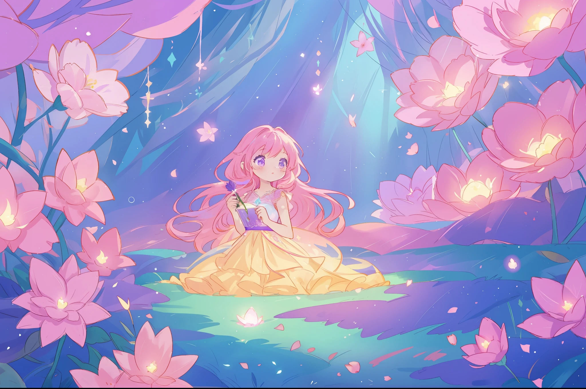 beautiful girl in glowing layered fantasy dress, fairy girl, sparkling glowing lights, long glowing purple pink hair, otherworldly flowers and colorful plants, inspired by Glen Keane, inspired by Lois van Baarle, fantasia otherworldly landscape, fantasia background, beautiful, masterpiece, best quality