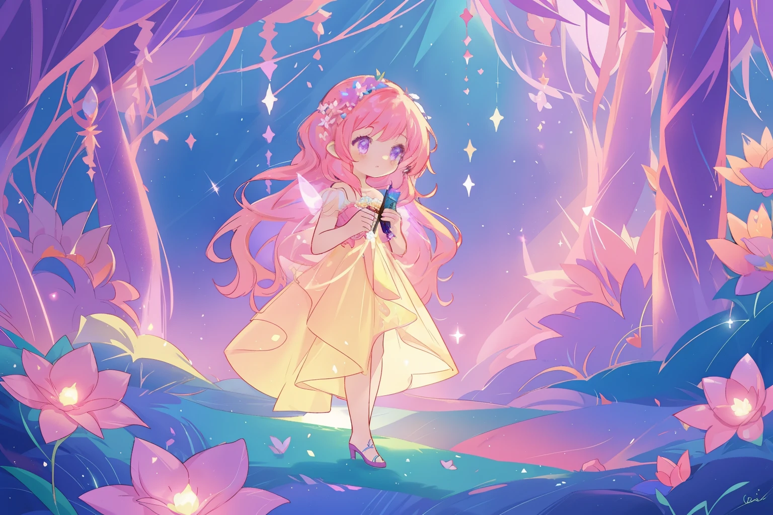 beautiful girl in glowing layered fantasy dress, fairy girl, sparkling glowing lights, long glowing purple pink hair, otherworldly flowers and colorful plants, inspired by Glen Keane, inspired by Lois van Baarle, fantasia otherworldly landscape, fantasia background, beautiful, masterpiece, best quality
