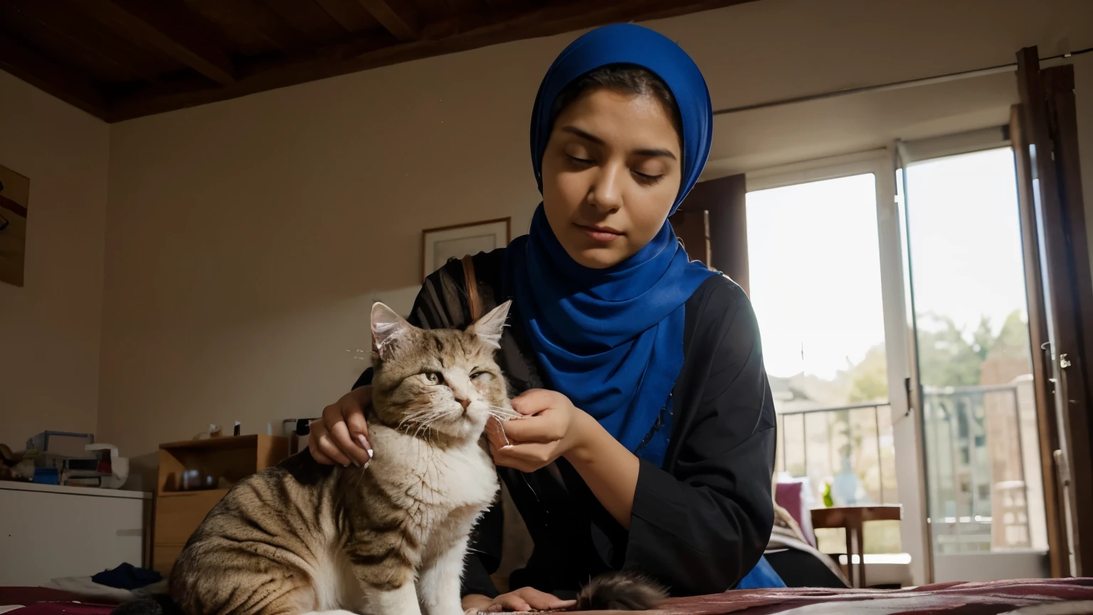 image of a woman wearing a headscarf playing with a Persian cat