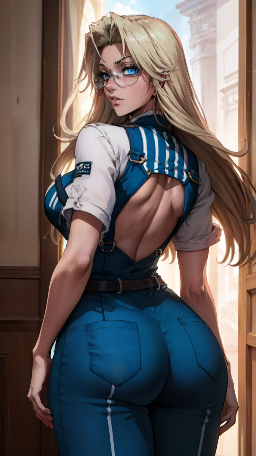 (masterpiece, highest quality, best quality, official art, beautiful and aesthetic: 1.2), (1girl), extremely detailed, (fractal art: 1.3), highest detailed, lower boddy focus, lower body, HDR, ), vivid visual effects, (dynamic stripes, luminous traces: 1.2), back viee, nude, hip focus, sexy, wide hips, thicc figure, completely naked, abs, muscular, ass, ass focus. Looking at viewer, looking back, Detailed face, Detailed eyes, perfect face, perfect eyes, integra, integra hellsing, wearing overall jumpsuit, overall jumpsuit, exposed thighs