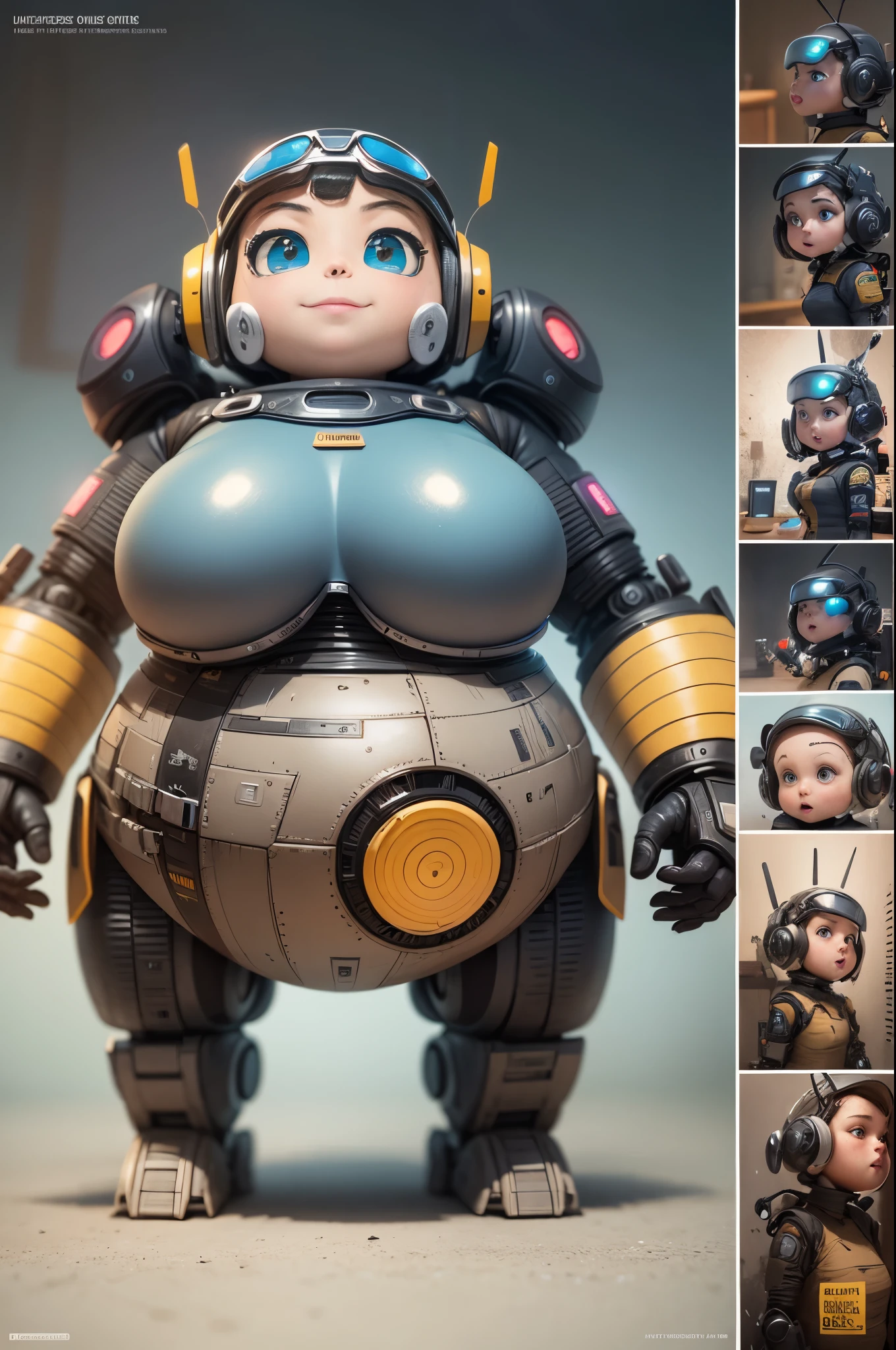 cartoon character,fat and chubby,inspired by Wall-E robot,character design,expressive face,round belly,heightened cheeks,cute and lovable,playful expression,charming smile,large expressive eyes,rounded features,friendly and approachable posture,vibrant colors,soft and rounded edges,expressive body language,playful and energetic attitude,joyful and carefree personality,sparks of curiosity and wonder,futuristic and modern elements,blending of human and robot characteristics,innovative clothing design,quirky accessories and gadgets,endearing and relatable personality traits,seamless integration of technology and nature,happy and lively environment,humorous interactions with other characters,colorful and detailed background,whimsical and imaginative atmosphere,masterpiece:1.2,ultra-detailed,photorealistic,concept art,3D rendering,professional,HDR,studio lighting,vivid colors,(concept art,three sided view,official art,reference sheet,multiple views)