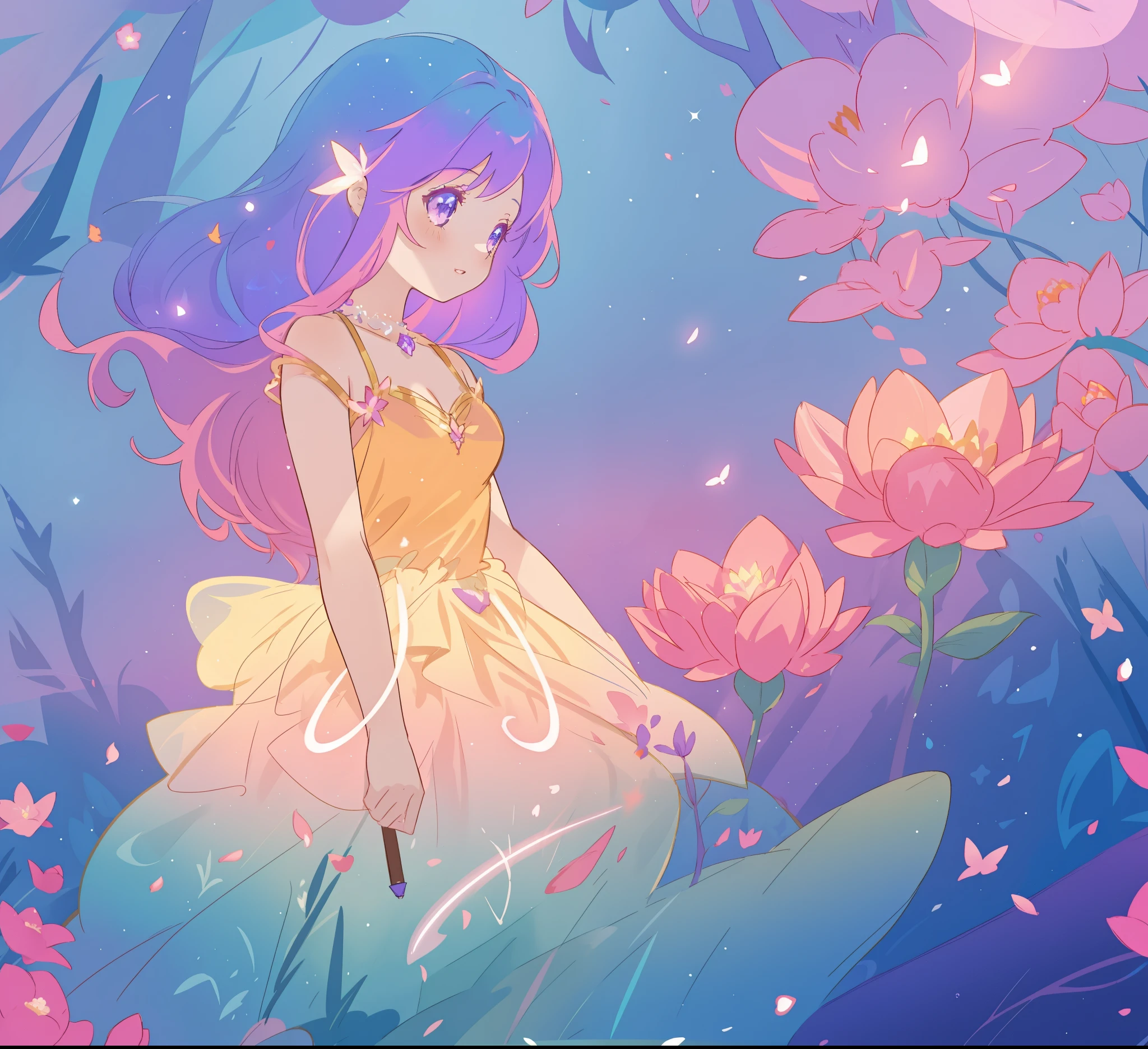 beautiful girl in glowing layered fantasy dress, fairy girl, sparkling glowing lights, long glowing purple pink hair, otherworldly flowers and colorful plants, inspired by Glen Keane, inspired by Lois van Baarle, fantasia otherworldly landscape, fantasia background, beautiful, masterpiece, best quality