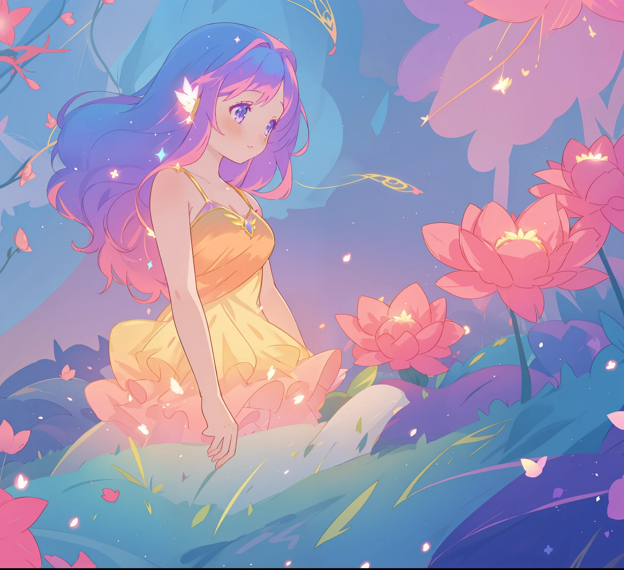 beautiful girl in glowing layered fantasy dress, fairy girl, sparkling glowing lights, long glowing purple pink hair, otherworldly flowers and colorful plants, inspired by Glen Keane, inspired by Lois van Baarle, fantasia otherworldly landscape, fantasia background, beautiful, masterpiece, best quality
