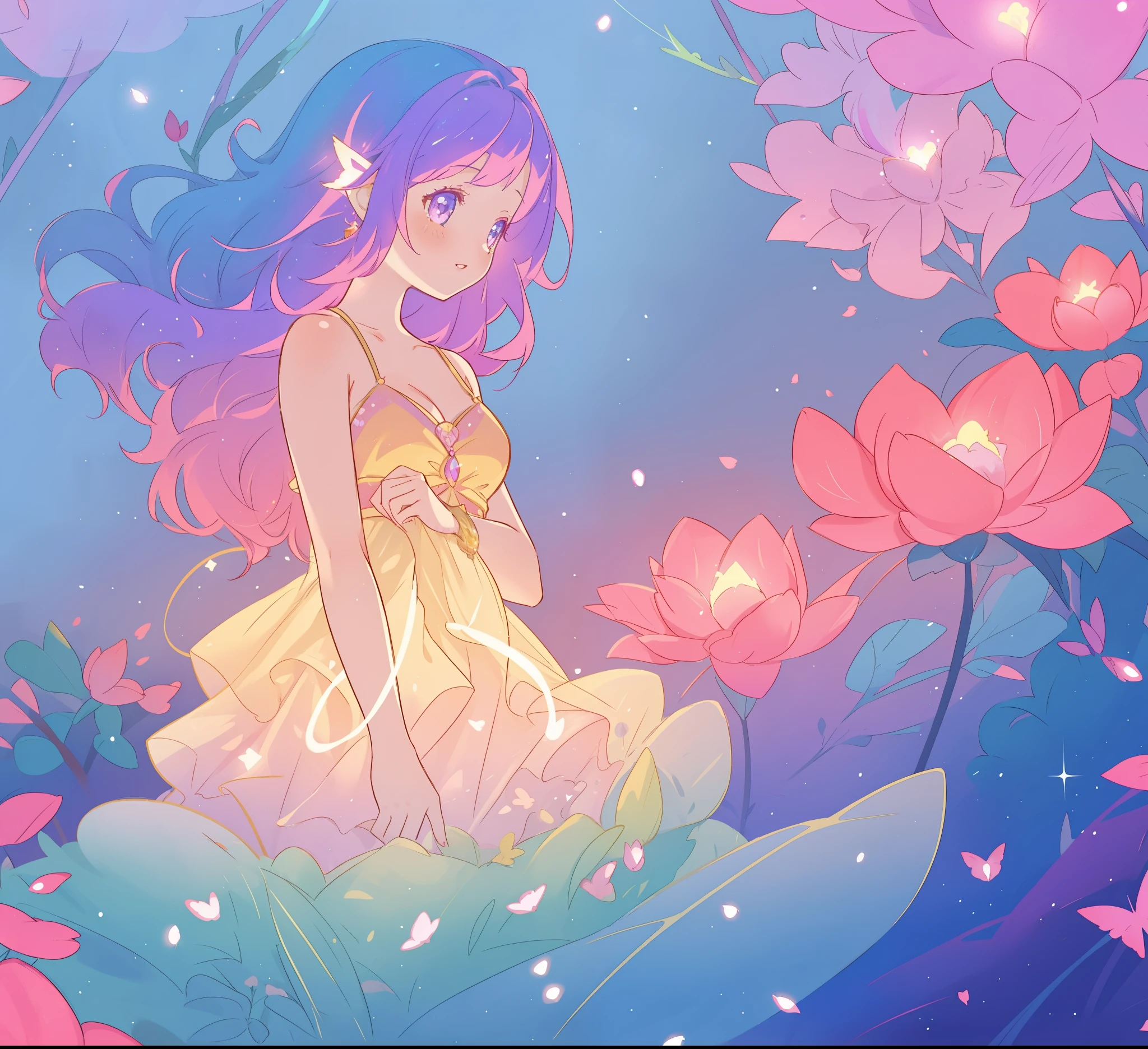 beautiful girl in glowing layered fantasy dress, fairy girl, sparkling glowing lights, long glowing purple pink hair, otherworldly flowers and colorful plants, inspired by Glen Keane, inspired by Lois van Baarle, fantasia otherworldly landscape, fantasia background, beautiful, masterpiece, best quality
