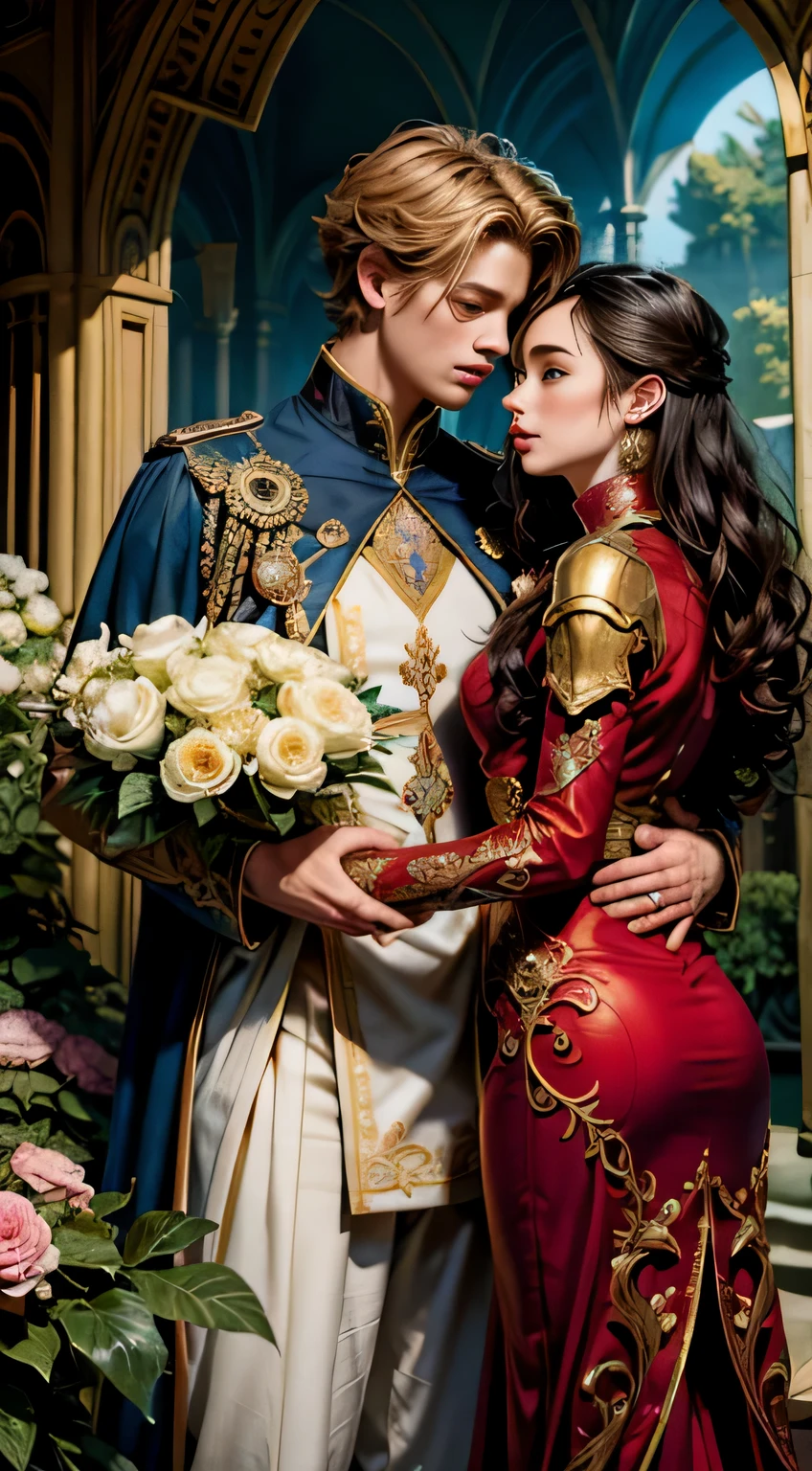 (Top Quality, 16k), A romantic scene between Princes Neels Visser and Lily Collins, Two captivating figures in love, Neels, a golden-haired prince dressed in medieval military attire, Lily, a mesmerizing commoner with curly black tresses and a vibrant red gown, Their lips locked in an affectionate kiss, An illustration of a heartwarming romance book cover, Exquisitely detailed, smooth background, Brimming with flowers in full bloom, Masterfully crafted by renowned artists, Greg Hildebrandt, Citemer Liu, Stjepan Sejic, Samyang, Aykut Aydogdu