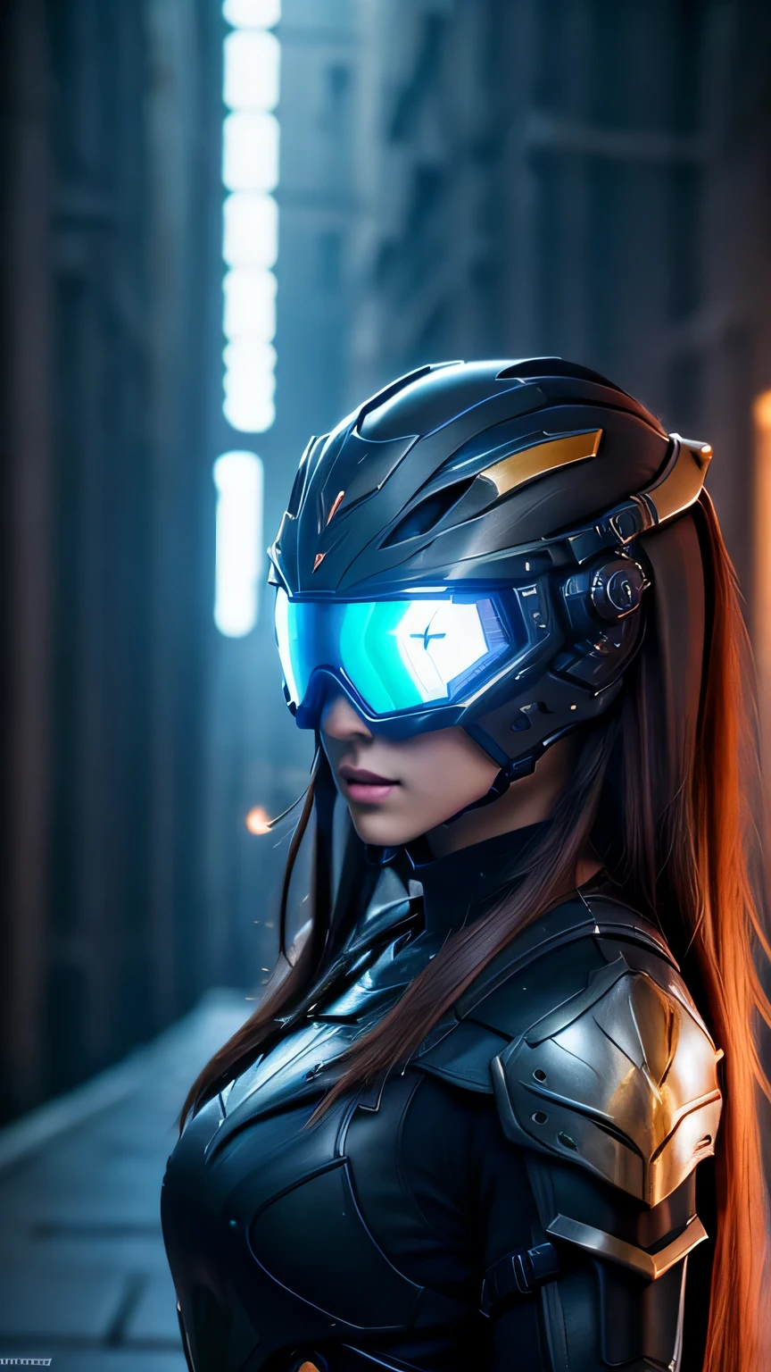 masterpiece,  最high quality, , (alone), 1 girl, look up, dim light, , horizon_(apex legend), goggles, blue eyes, brown hair, gauntlet, armor,  wear a helmet, (science_fiction), outdoors, street, neon light, cyber punk, masterpiece, 最high quality, high quality, High resolution,