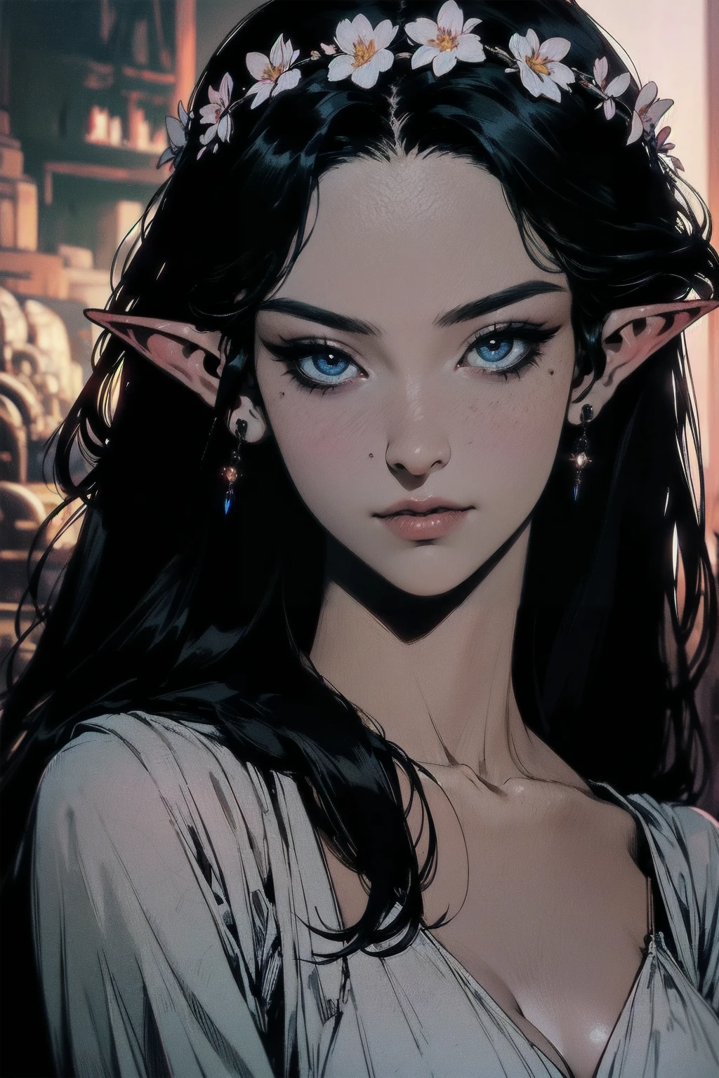 { - anatomy error}(Masterpiece - Ultra-detailed, very high resolution)hyper-realistic of a mysterious woman with flowing black hair, ears of elf, piercing opal eyes, and a delicate floral crown, delicate smile, upper body