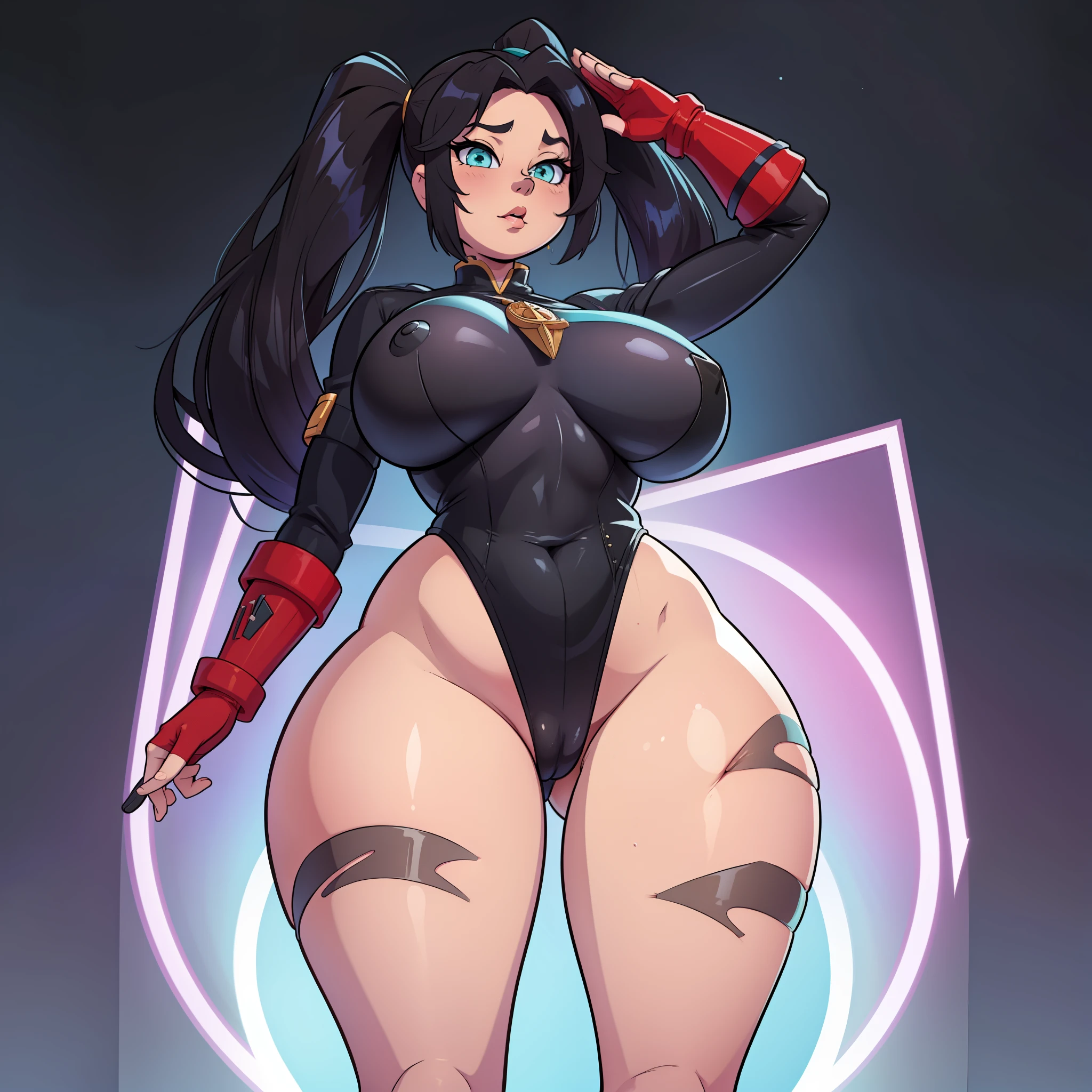Mona from genshin impact with wide hips and a huge ass wearing a dollsuit, she is standing at attention and saluting, mona has been hypnotised to serve as a guard, her black hair is long and in twintails, the image is in stunning 8k and features platform heels, standing tall with confidence for a (fullbody commission:8k), mona is wearing skintight pantyhose that show of her thicc thighs, her aqua eyes are empty and lifeless, mona is standing in front of a line of other girls that have been hypnotised by an enemy to act as their mindless guards, her breasts are bigger than her head, mona is standing at attention showing off her curves and platform heels while saluting
