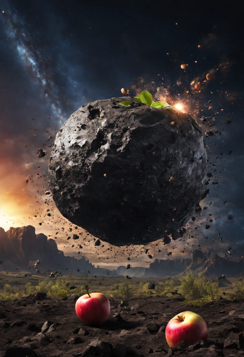 Giant meteorite hits earth, looks like after biting an apple, science fantasy, high quality images.