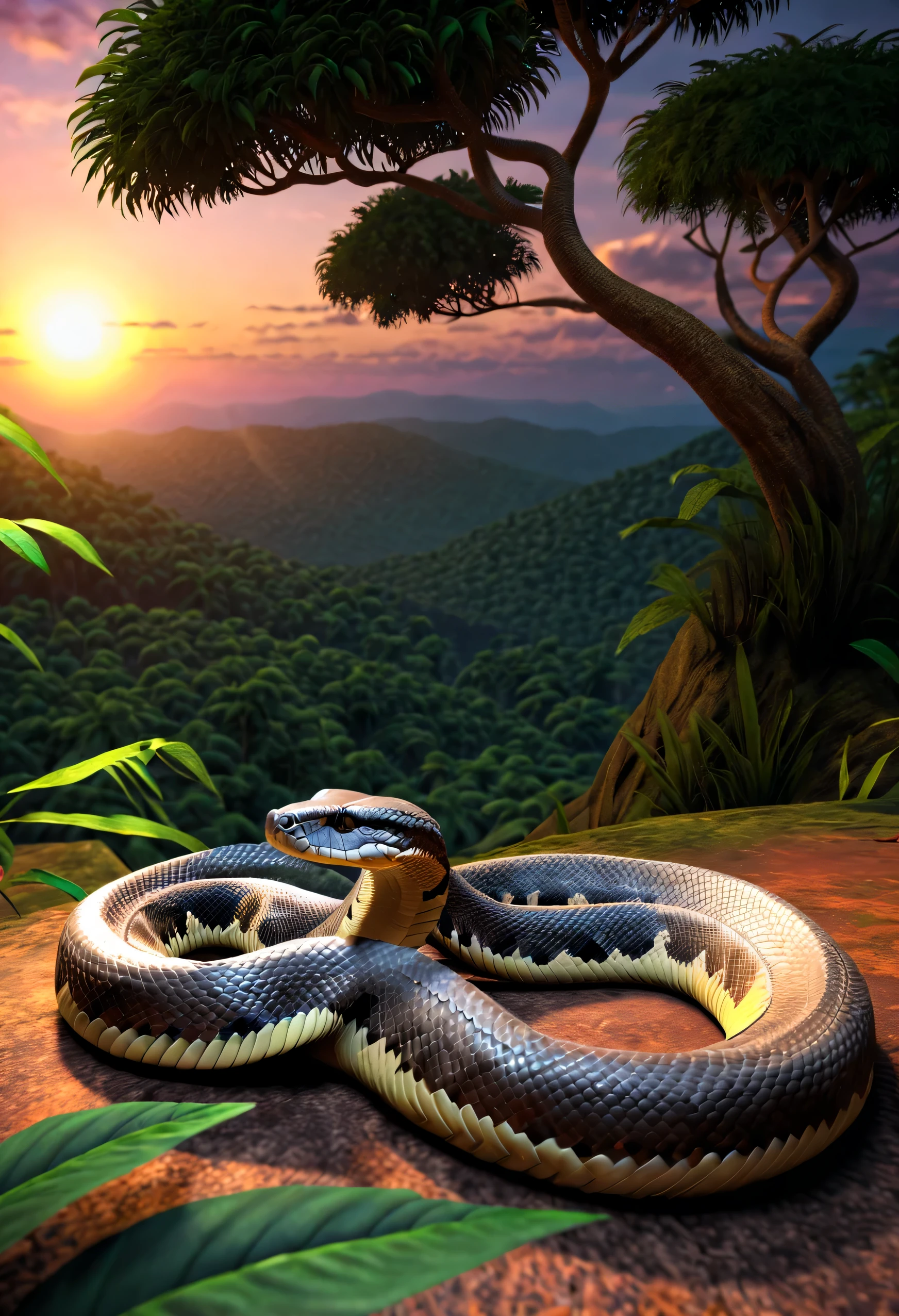 (( serpiente cobra:1.5, ultra detallado:1.4, majestuoso, imponente, elegante, temible, entre hojas en medio de la selva.:1.4),hiperrealista, epic, ultra, Obra maestra, sunset lighting, paisaje impecable ,32k,