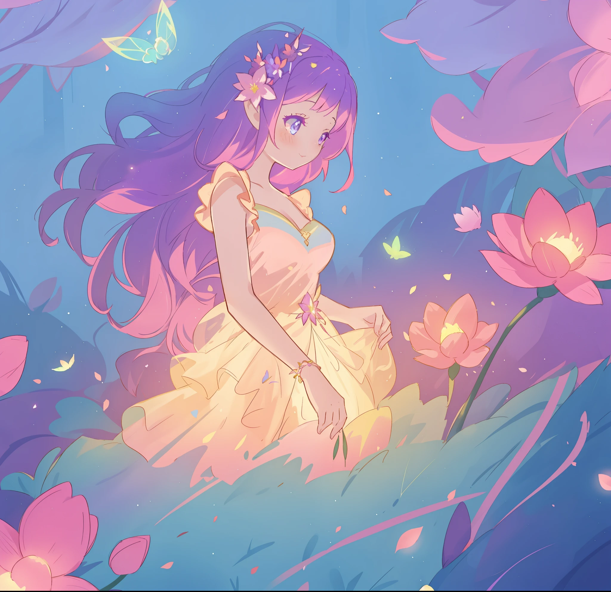 beautiful girl in glowing layered fantasy dress, fairy girl, sparkling glowing lights, long glowing purple pink hair, otherworldly flowers and colorful plants, inspired by Glen Keane, inspired by Lois van Baarle, fantasia otherworldly landscape, fantasia background, beautiful, masterpiece, best quality