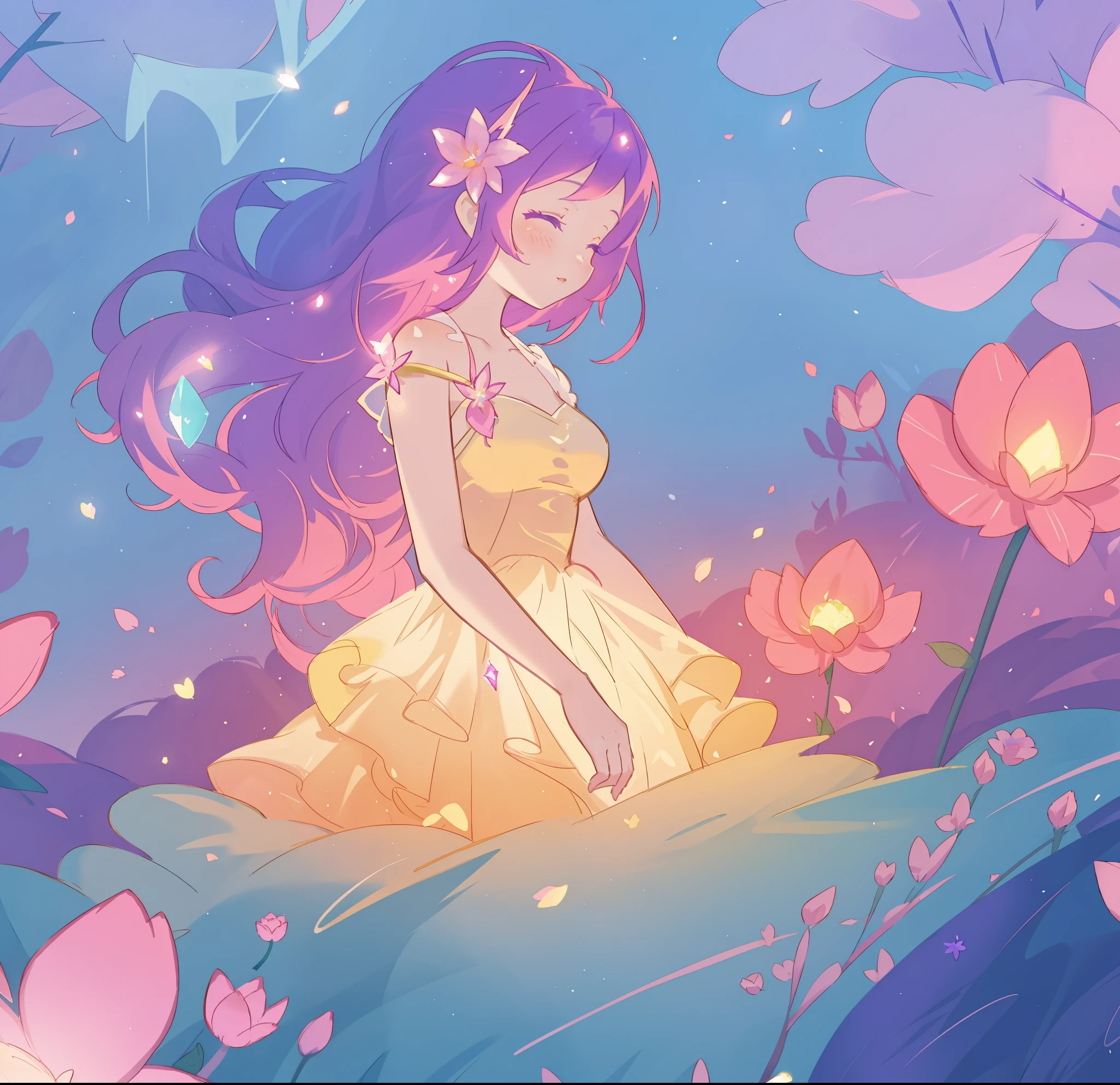 beautiful girl in glowing layered fantasy dress, fairy girl, sparkling glowing lights, long glowing purple pink hair, otherworldly flowers and colorful plants, inspired by Glen Keane, inspired by Lois van Baarle, fantasia otherworldly landscape, fantasia background, beautiful, masterpiece, best quality