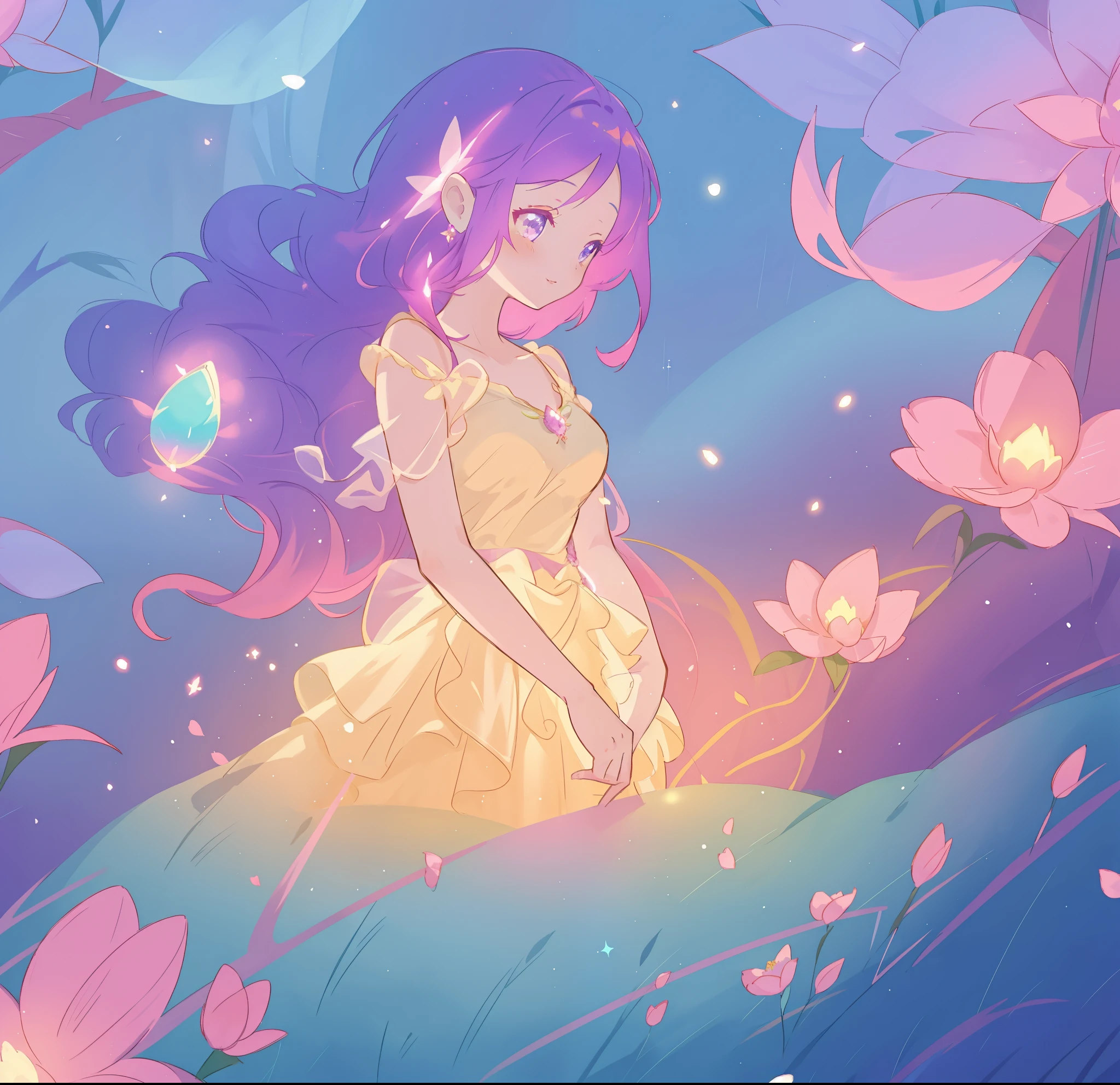 beautiful girl in glowing layered fantasy dress, fairy girl, sparkling glowing lights, long glowing purple pink hair, otherworldly flowers and colorful plants, inspired by Glen Keane, inspired by Lois van Baarle, fantasia otherworldly landscape, fantasia background, beautiful, masterpiece, best quality