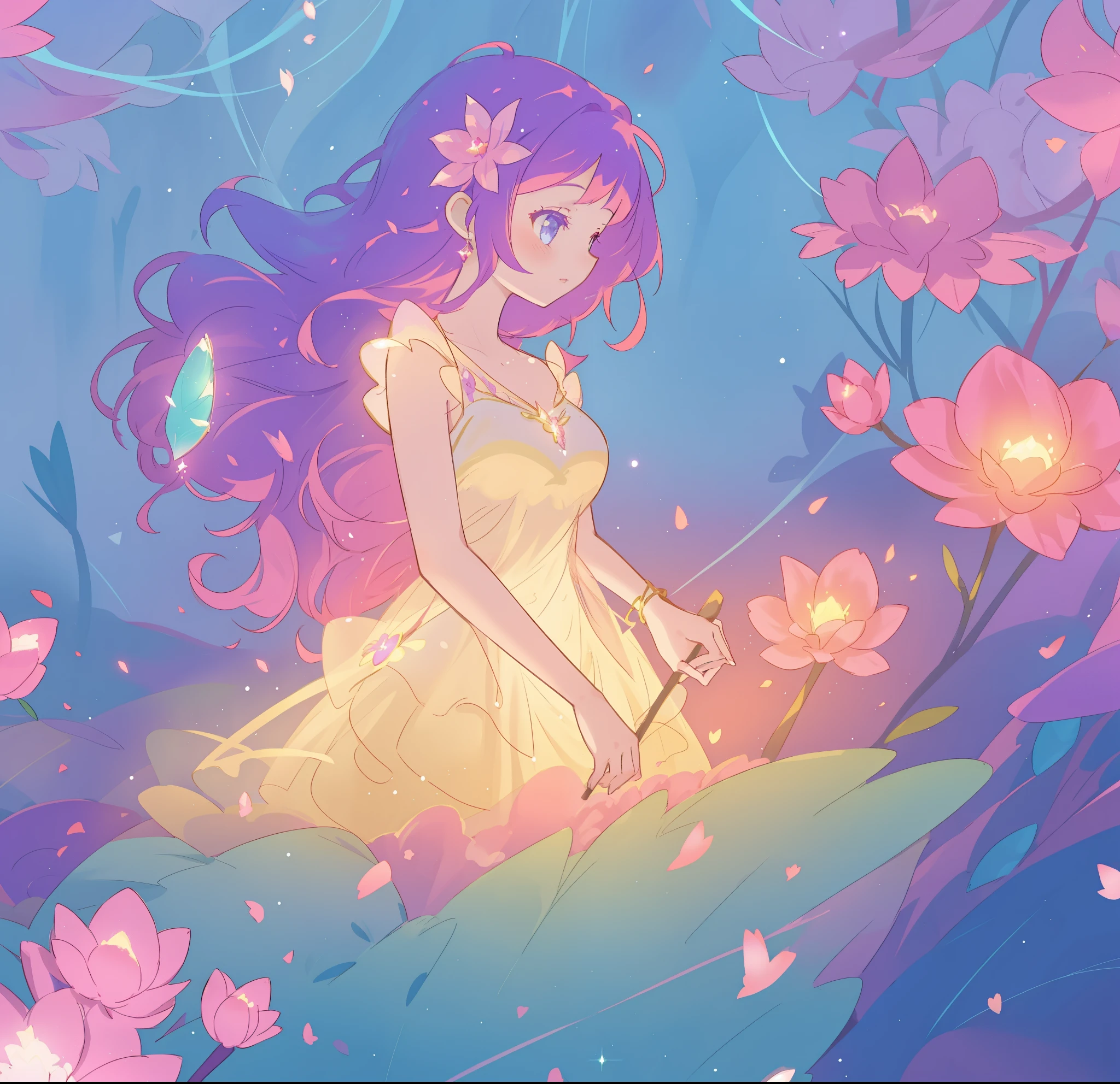 beautiful girl in glowing layered fantasy dress, fairy girl, sparkling glowing lights, long glowing purple pink hair, otherworldly flowers and colorful plants, inspired by Glen Keane, inspired by Lois van Baarle, fantasia otherworldly landscape, fantasia background, beautiful, masterpiece, best quality