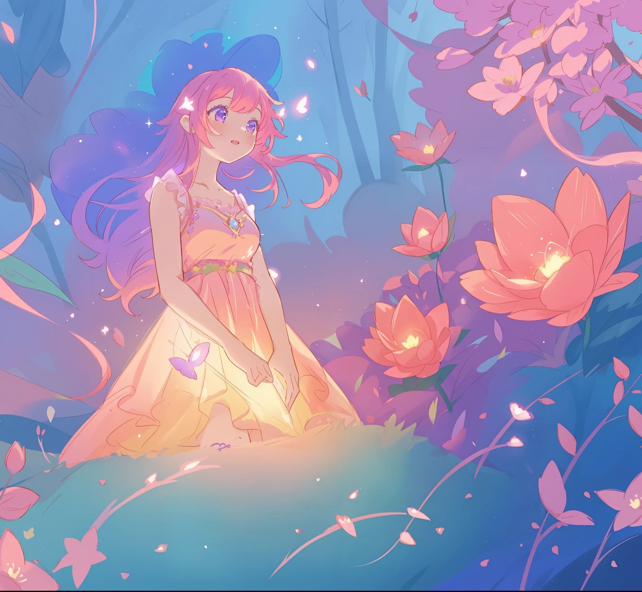 beautiful girl in glowing layered fantasy dress, fairy girl, sparkling glowing lights, long glowing purple pink hair, otherworldly flowers and colorful plants, inspired by Glen Keane, inspired by Lois van Baarle, fantasia otherworldly landscape, fantasia background, beautiful, masterpiece, best quality