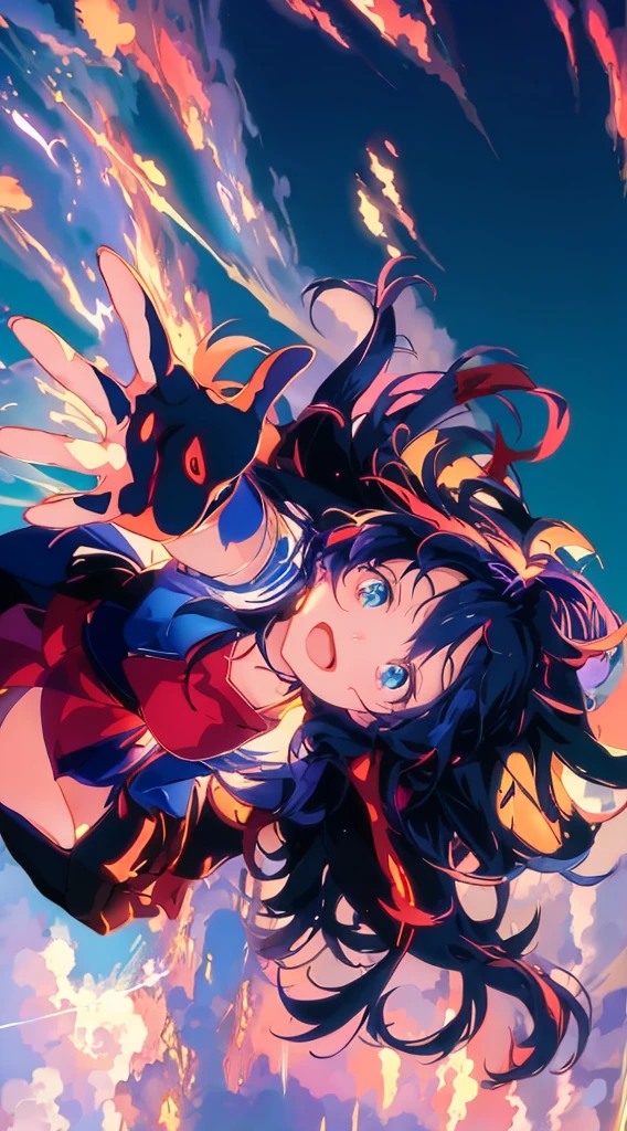 Anime girl flying in the sky with hands raised, Anime cute art style, Anime visual of a cute girl, official artwork, wallpaper anime blue water, Official Anime Artwork, official art, kyoto animation style, Beautiful anime artwork, Makoto Shinkai Cyril Rolando, Use index finger, anime wallpaper, Kyoto animation main visual