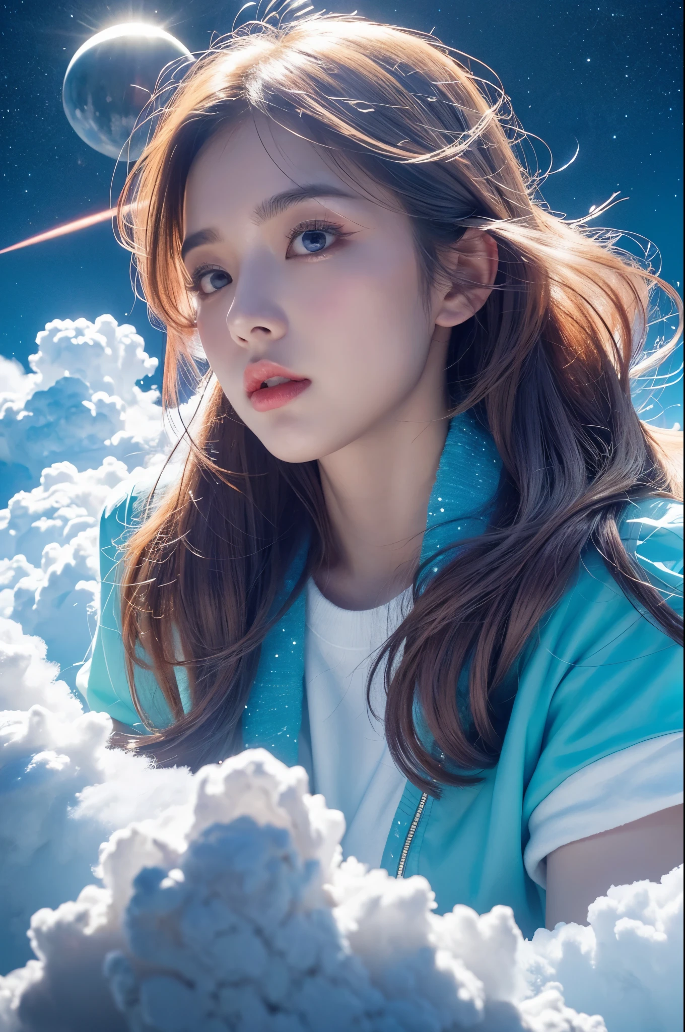 nebulous art of an (ethereal:1.2) cosmic goddess dissolving into nebulous clouds, colorful, nebulous texture, nebulous clouds, beautiful female face consisting entirely of clouds, looking at viewer, space