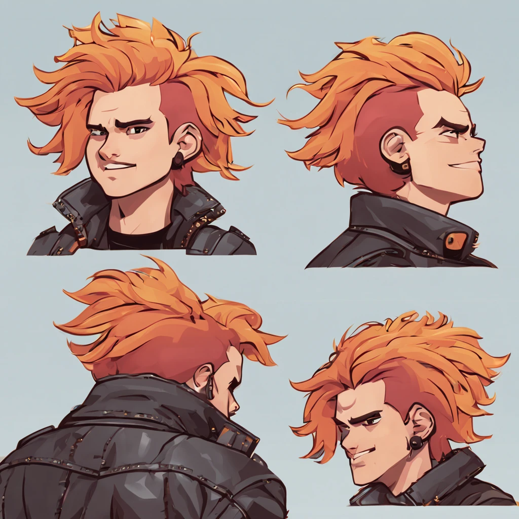 A cute man (dashing action hero in a leather jacket, leather pants, combat boots, loud brightly colored hairdo, cute face, stubbly bead) Is seen from multiple angles and a close up on face in a character design sheet